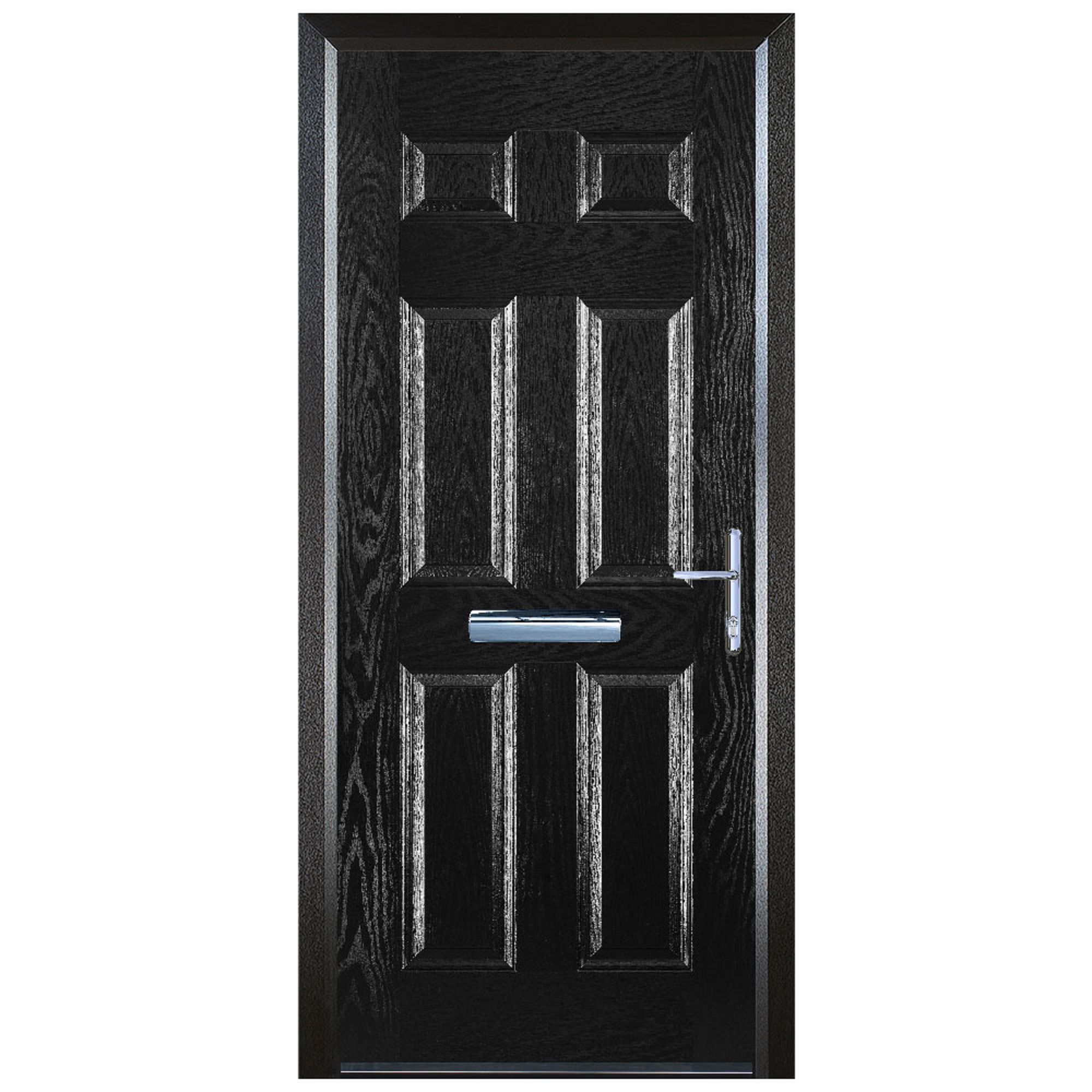 Door-Stop 6 Panel Black Left Hand GRP Composite Door with Colour-Matched Frame - 2100mm