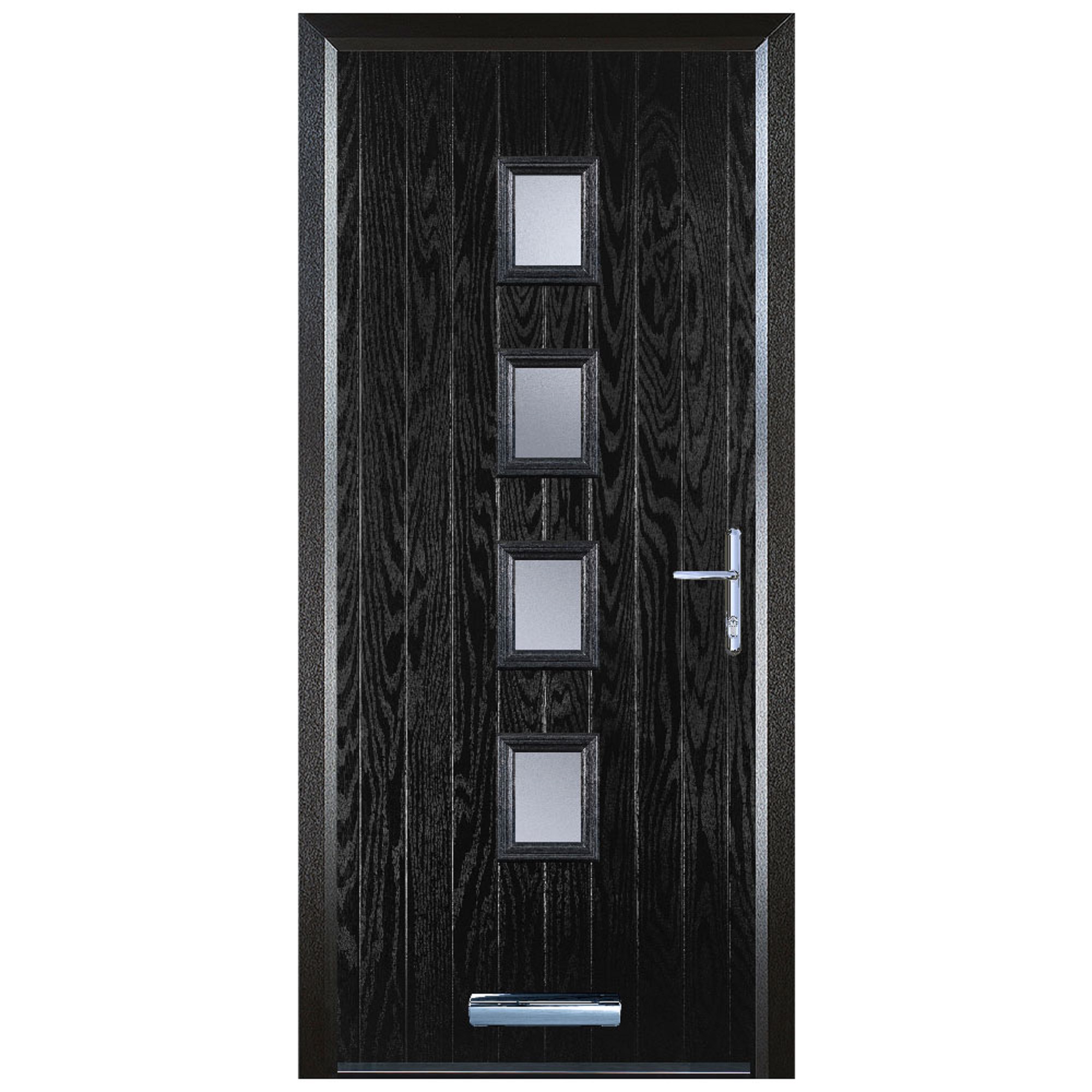 Door-Stop 4 Square Black Left Hand GRP Composite Door with Stippolyte Glass & Colour-Matched Frame - 920 x 2100mm