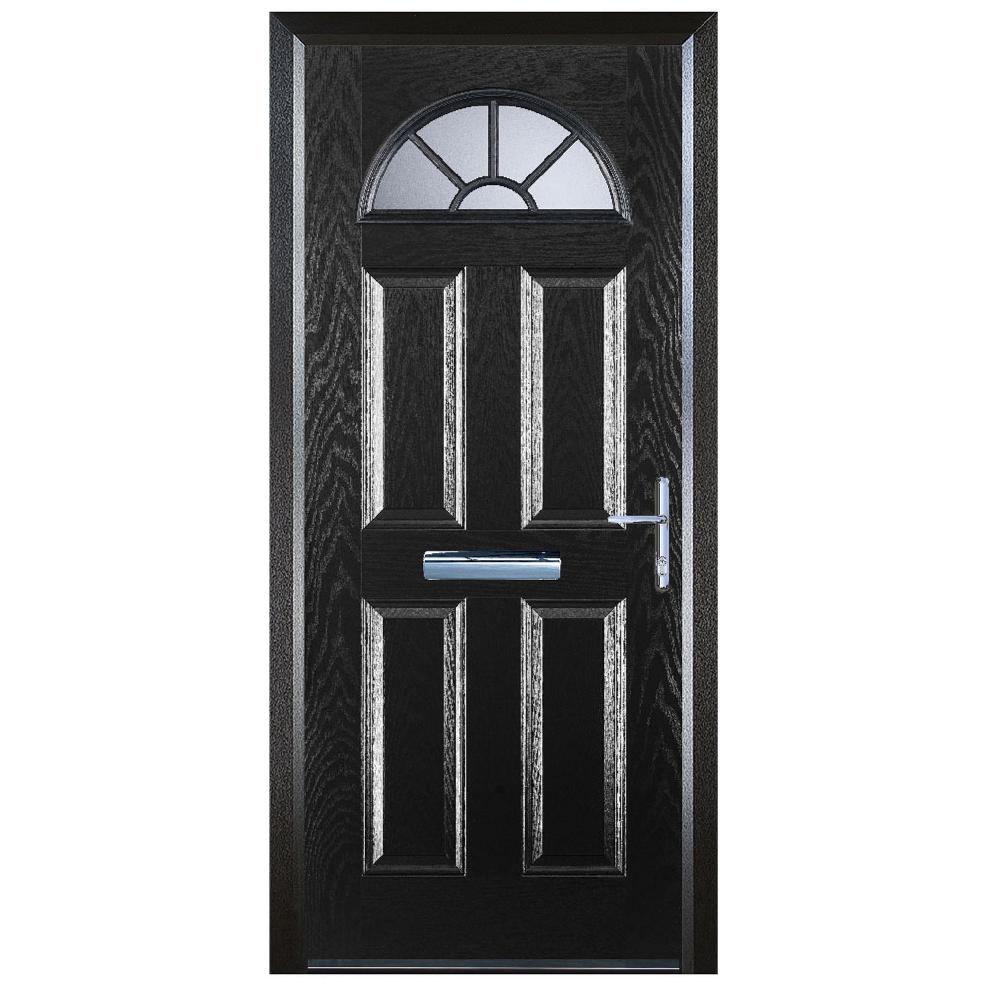 Door-Stop 4 Panel Sunburst Black Left Hand Composite Door with Colour-Matched Frame - 2100mm