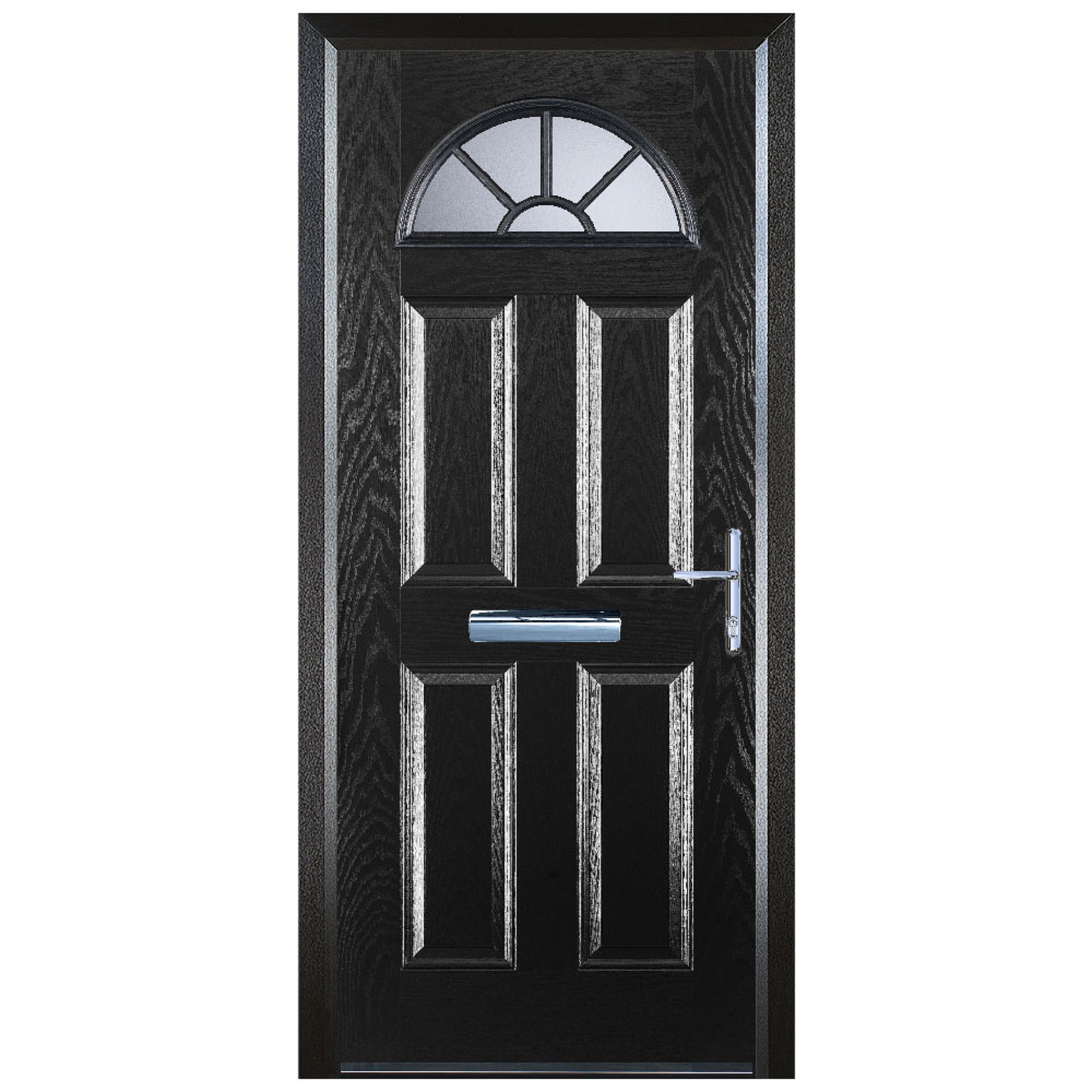 Door-Stop 4 Panel Sunburst Black Left Hand GRP Composite Door with Colour-Matched Frame - 2100mm