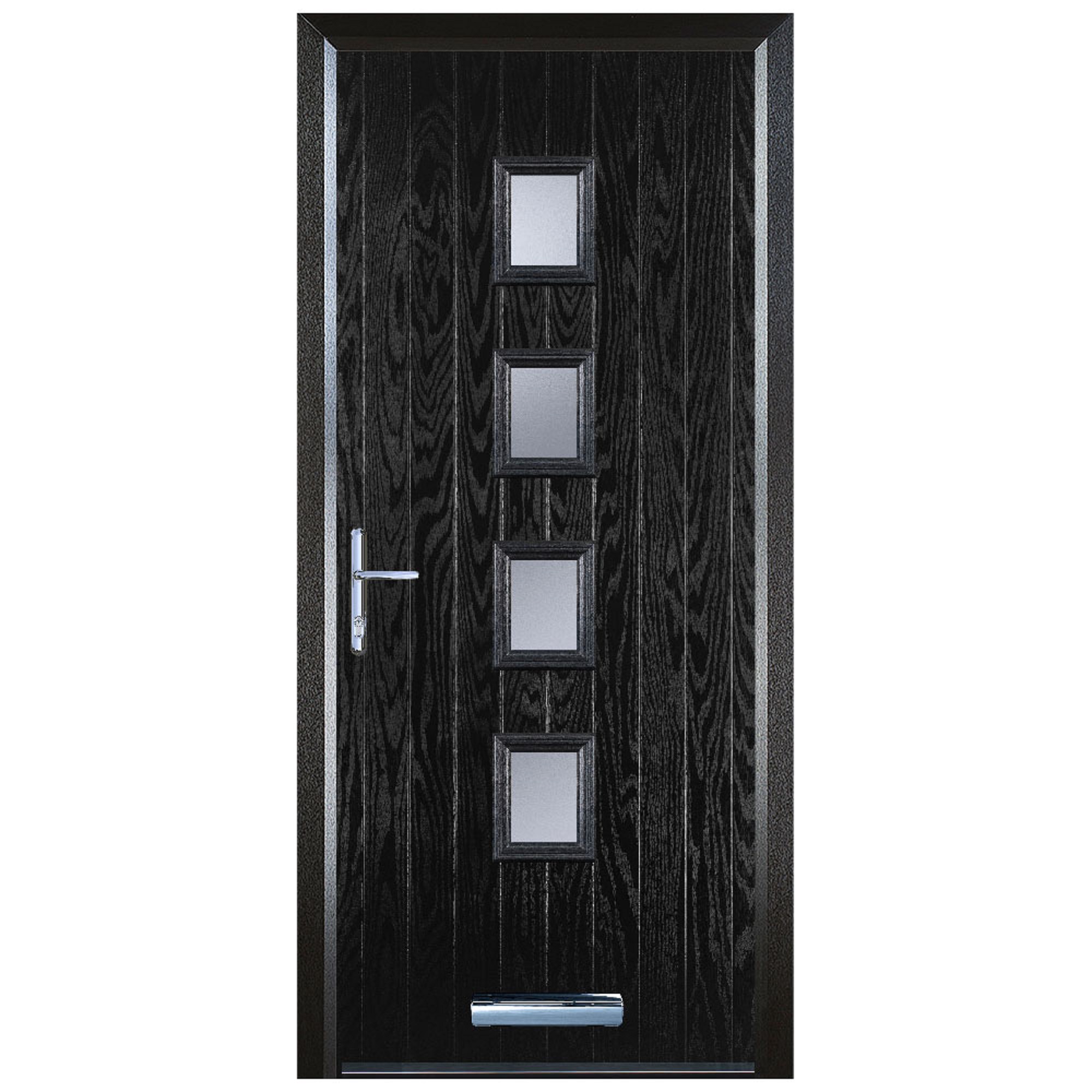 Door-Stop 4 Square Black Right Hand Composite Door with Stippolyte Glass & Colour-Matched Frame - 2100mm