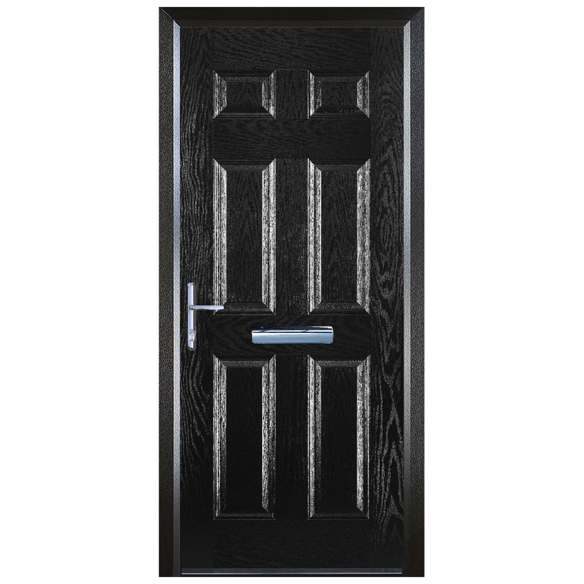 Door-Stop 6 Panel Black Right Hand Composite Door with Colour-Matched Frame - 2100mm