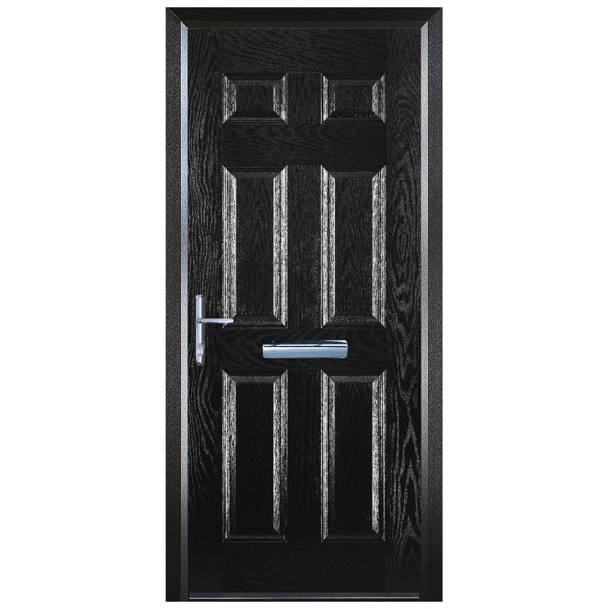 Door-Stop 6 Panel Black Right Hand GRP Composite Door with Colour-Matched Frame - 2100mm