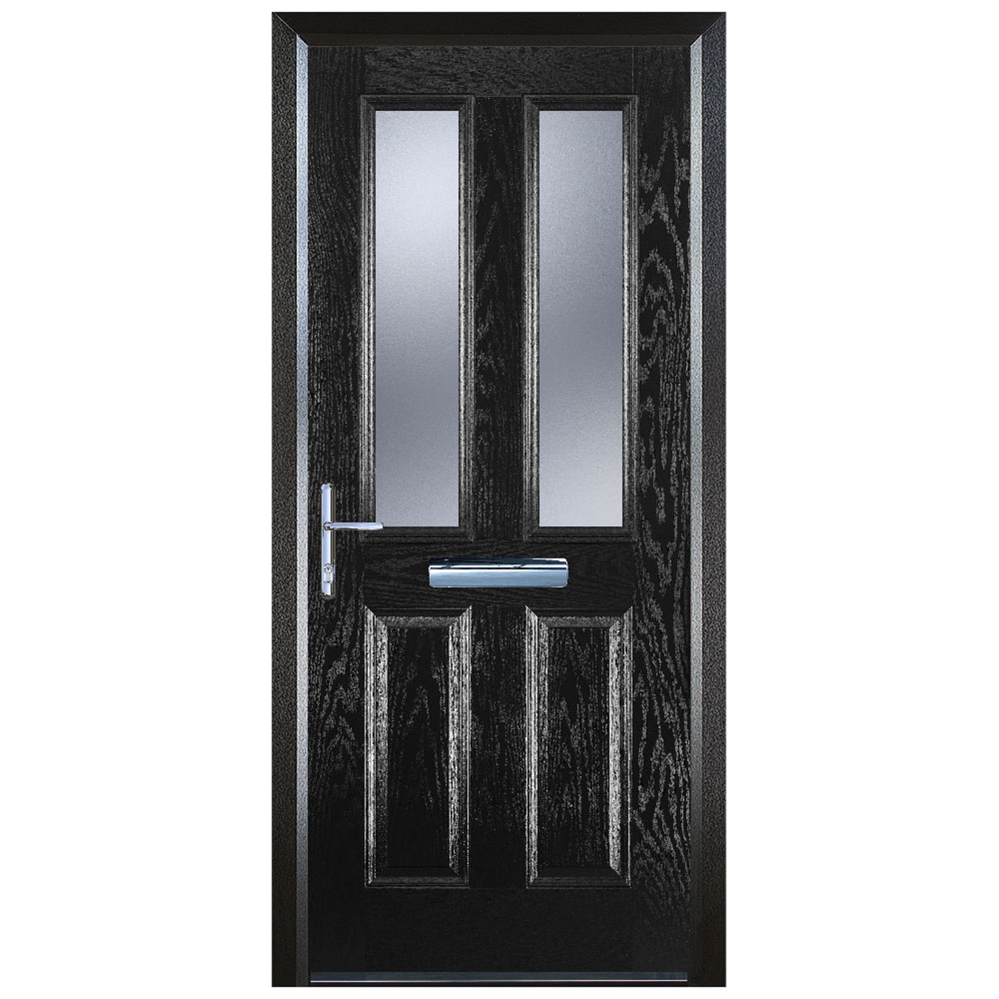 Door-Stop 2 Panel 2 Square Black Right Hand GRP Composite Door with Stippolyte Glass & Colour-Matched Frame - 2100mm