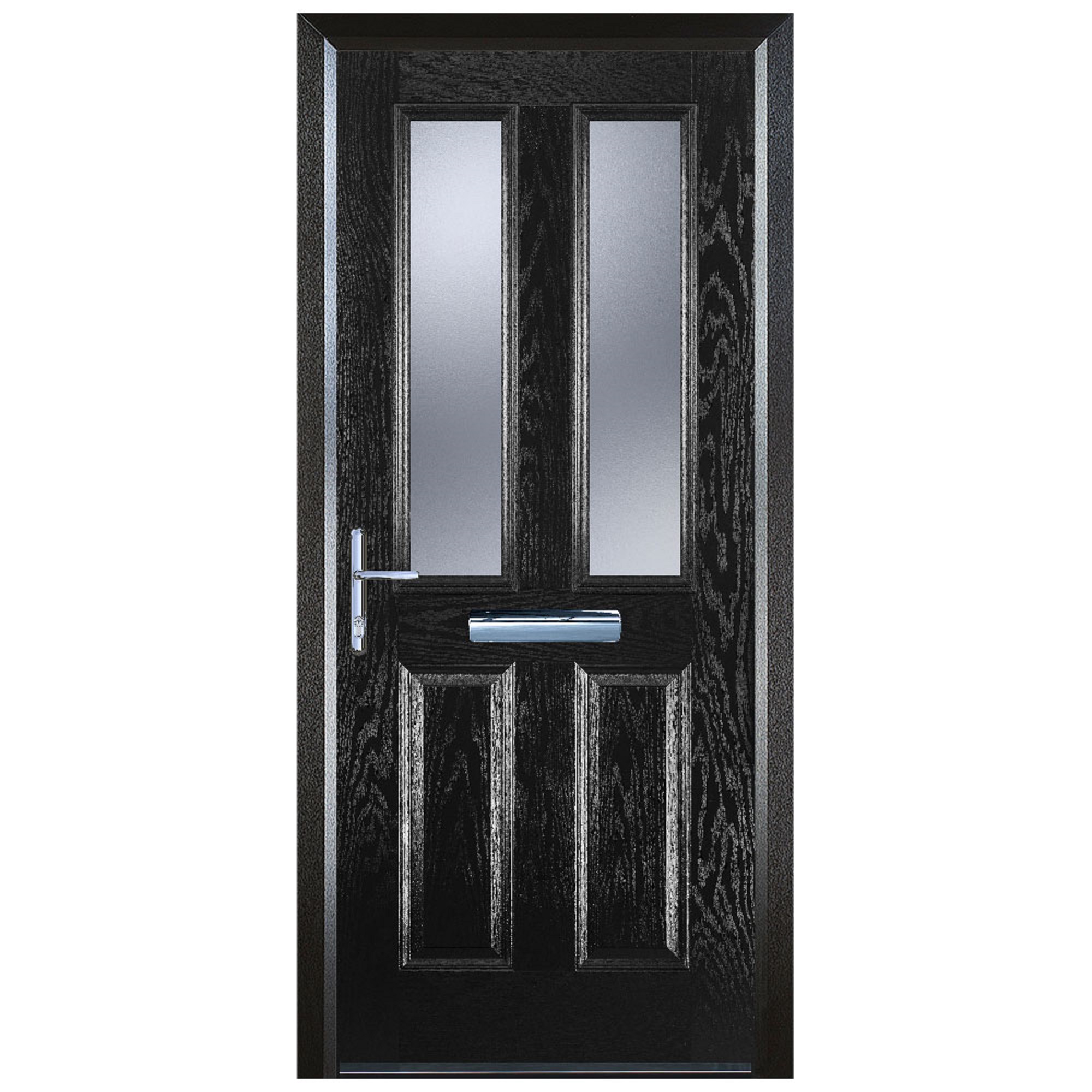 Door-Stop 2 Panel 2 Square Black Right Hand Composite Door with Stippolyte Glass & Colour-Matched Frame - 2100mm