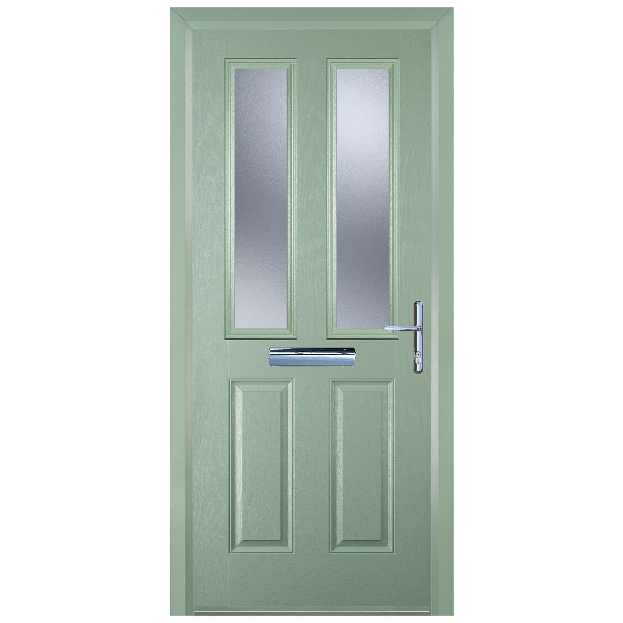Door-Stop 2 Panel 2 Square Chartwell Green Left Hand GRP Composite Door with Stippolyte Glass & Colour-Matched Frame - 2100mm