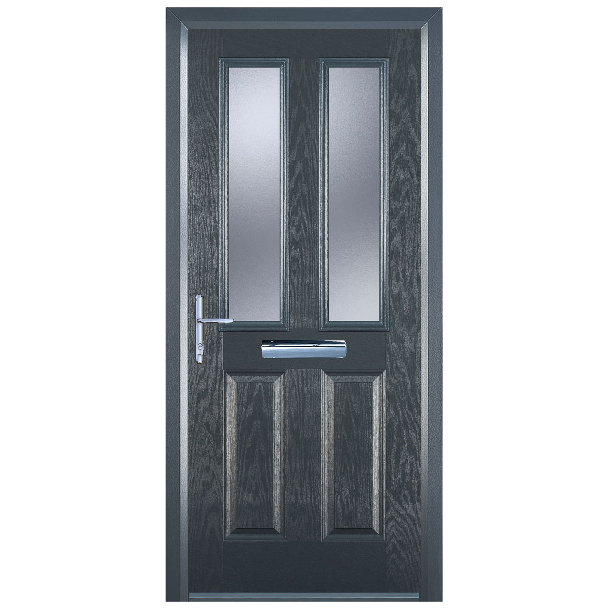 Door-Stop 2 Panel 2 Square Anthracite Grey Right Hand Composite Door with Stippolyte Glass & Colour-Matched Frame - 2100mm