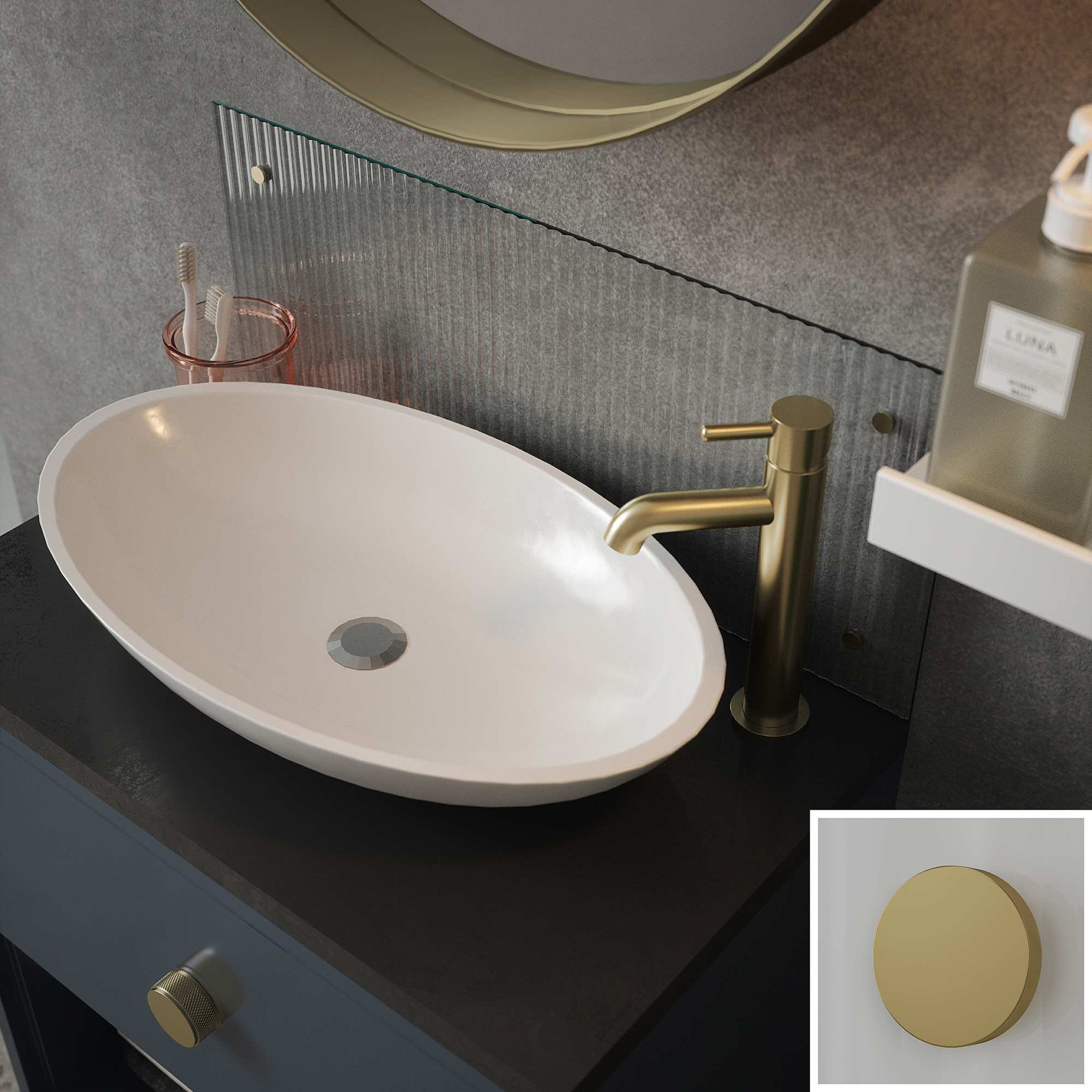 Clear Fluted Glass Bathroom Splashback with Brass Caps