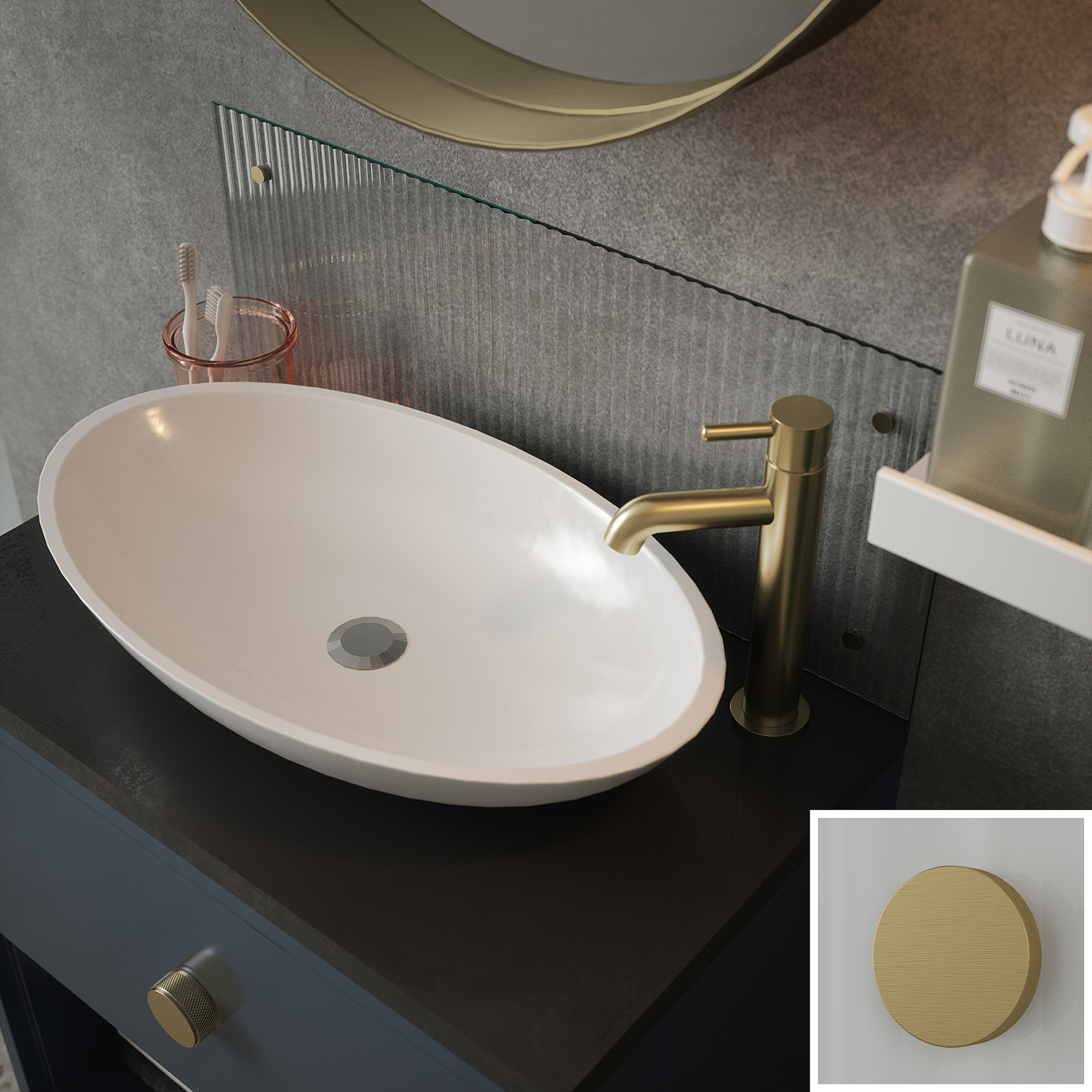 Clear Fluted Glass Bathroom Splashback with Brushed Brass Caps