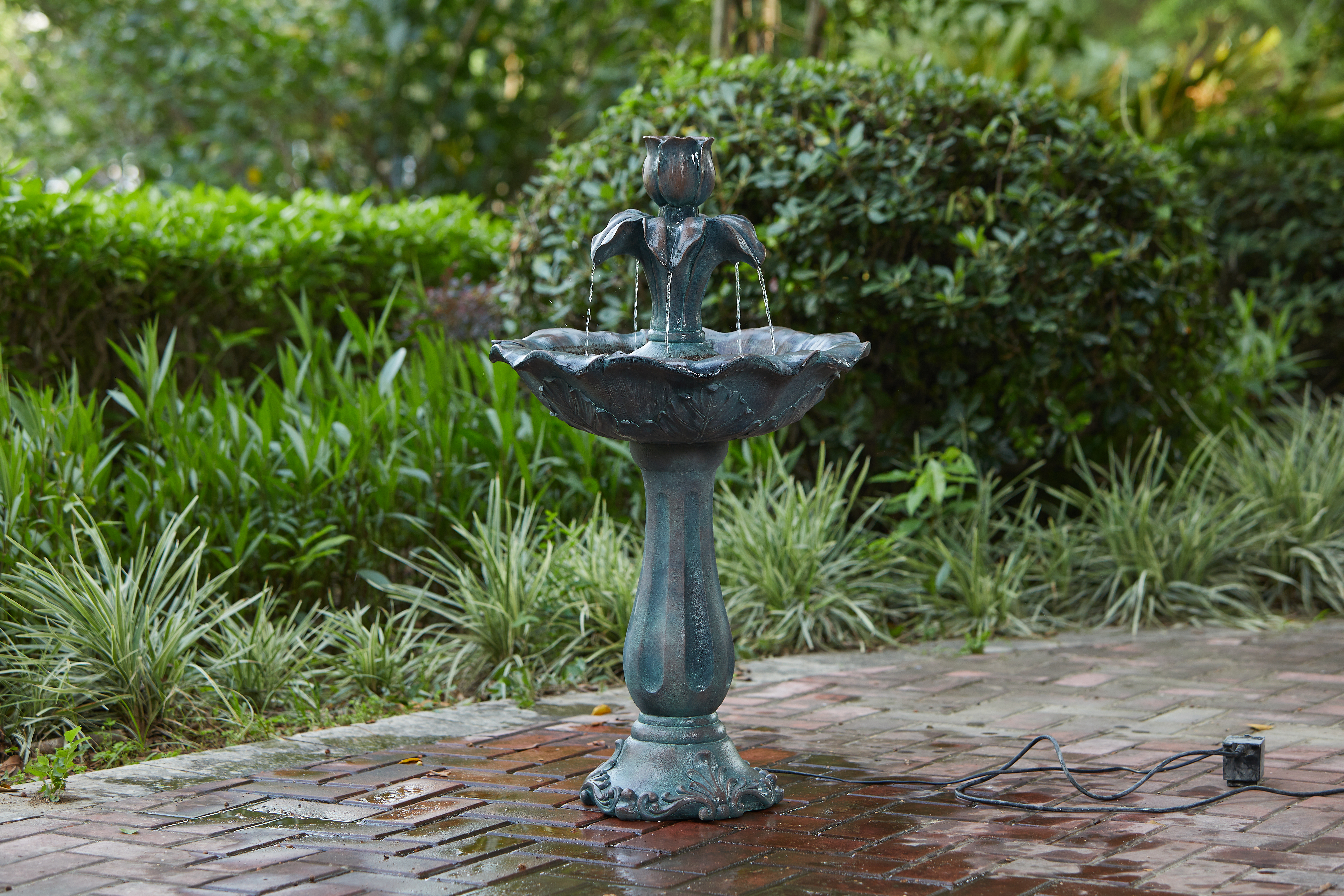 Floriana Garden Water Fountain with Floral Feature, Bowl & Decorative Stand