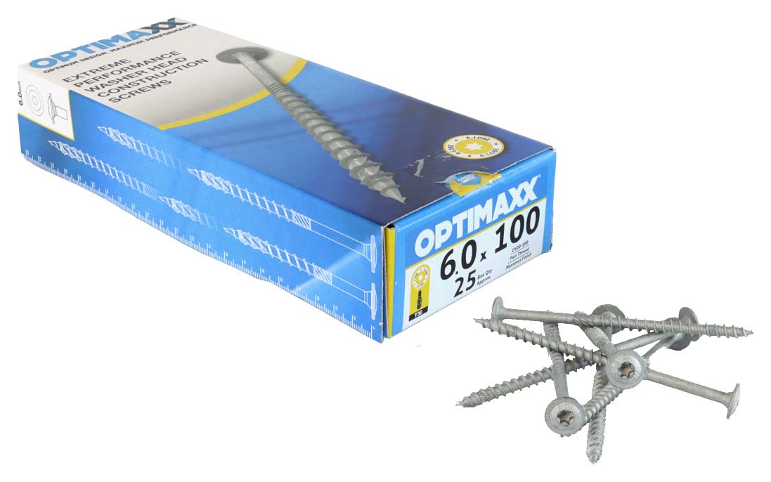 Optimaxx Washer Head Timber Screws - 6.0 x 100mm - Pack of 25