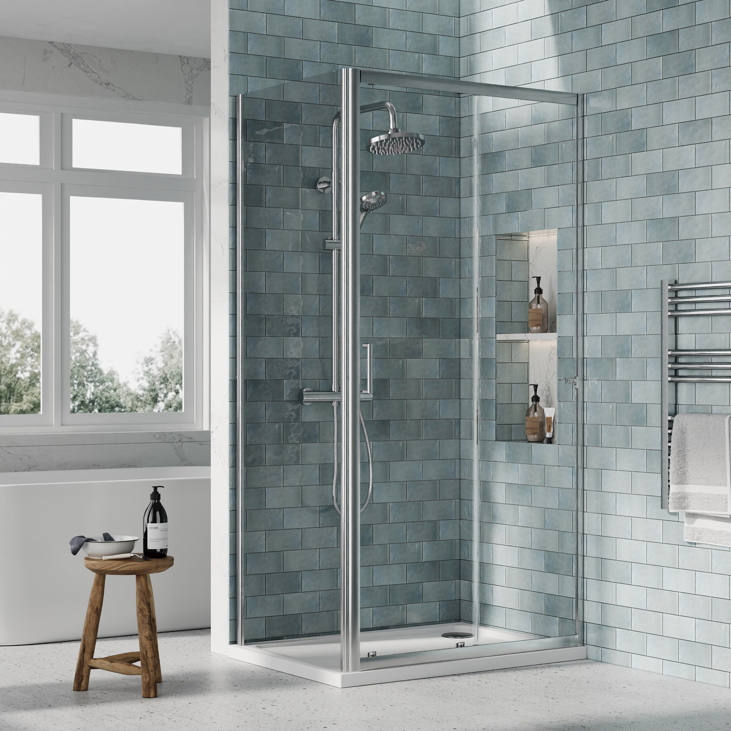 Nuie Chrome Sliding Door Side Panel Tray & Waste Shower Enclosure Package - 1000 x 700mm