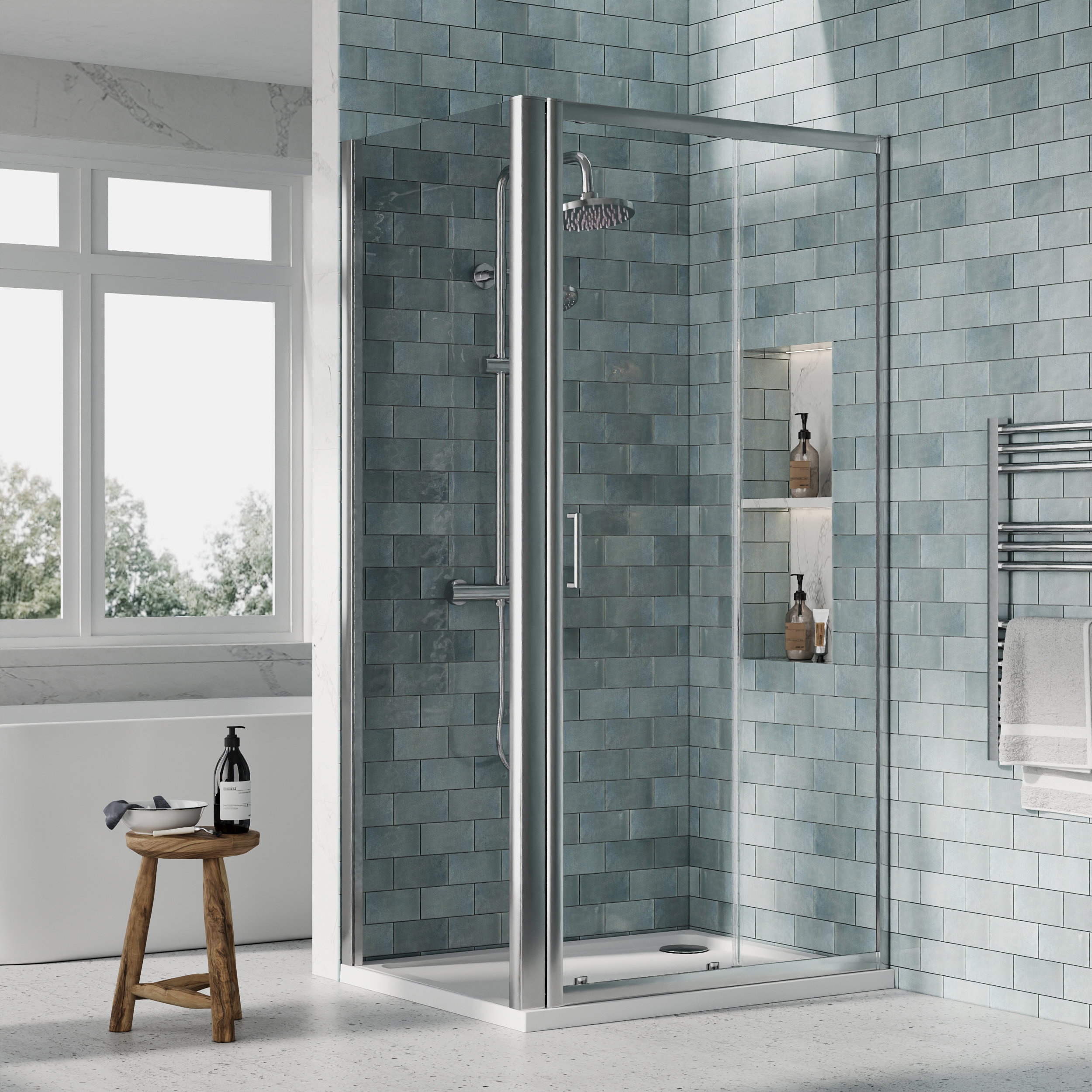 Nuie Chrome Sliding Door Side Panel Tray & Waste Shower Enclosure Package - 1000 x 760mm