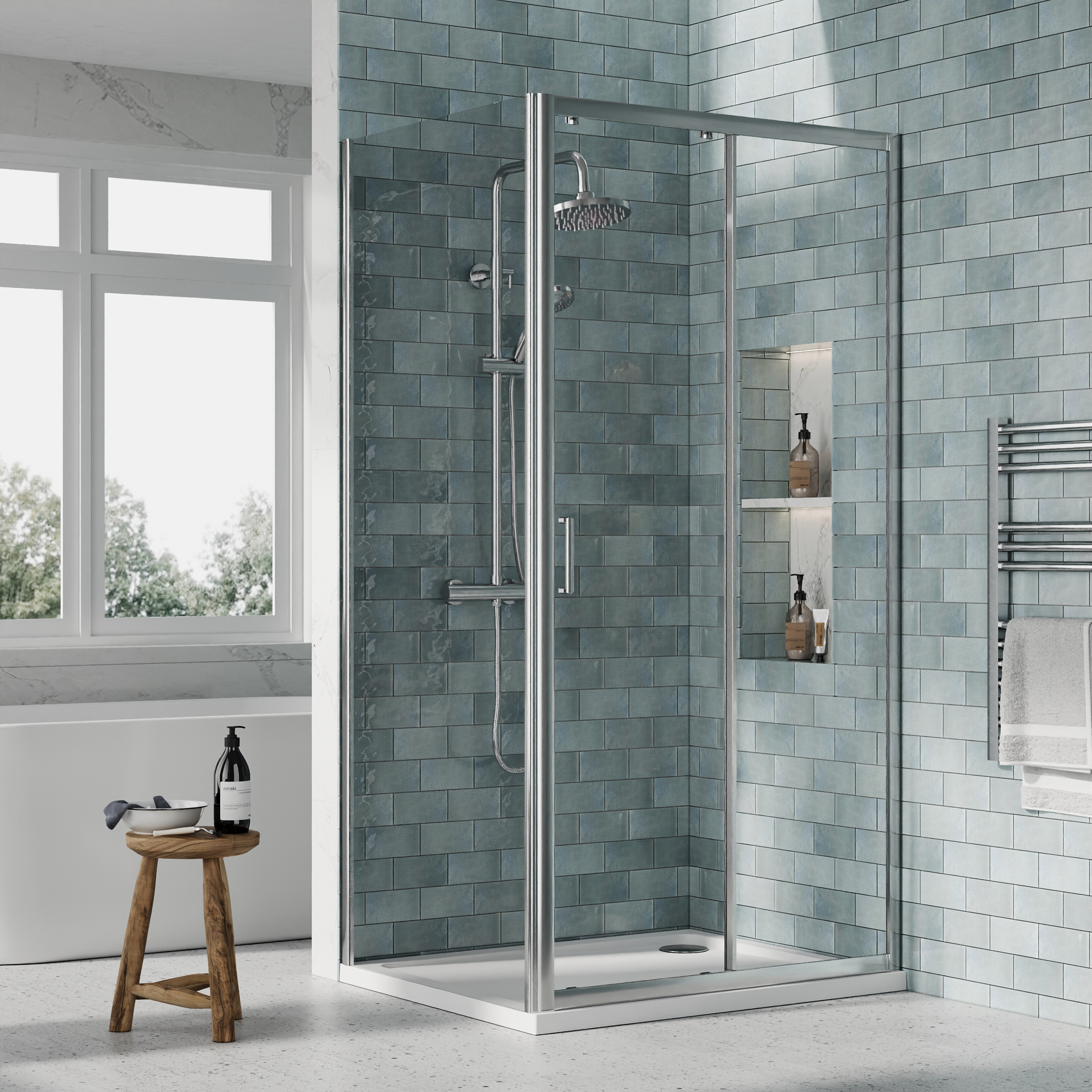 Nuie Chrome Sliding Door Side Panel Tray & Waste Shower Enclosure Package - 1000 x 800mm