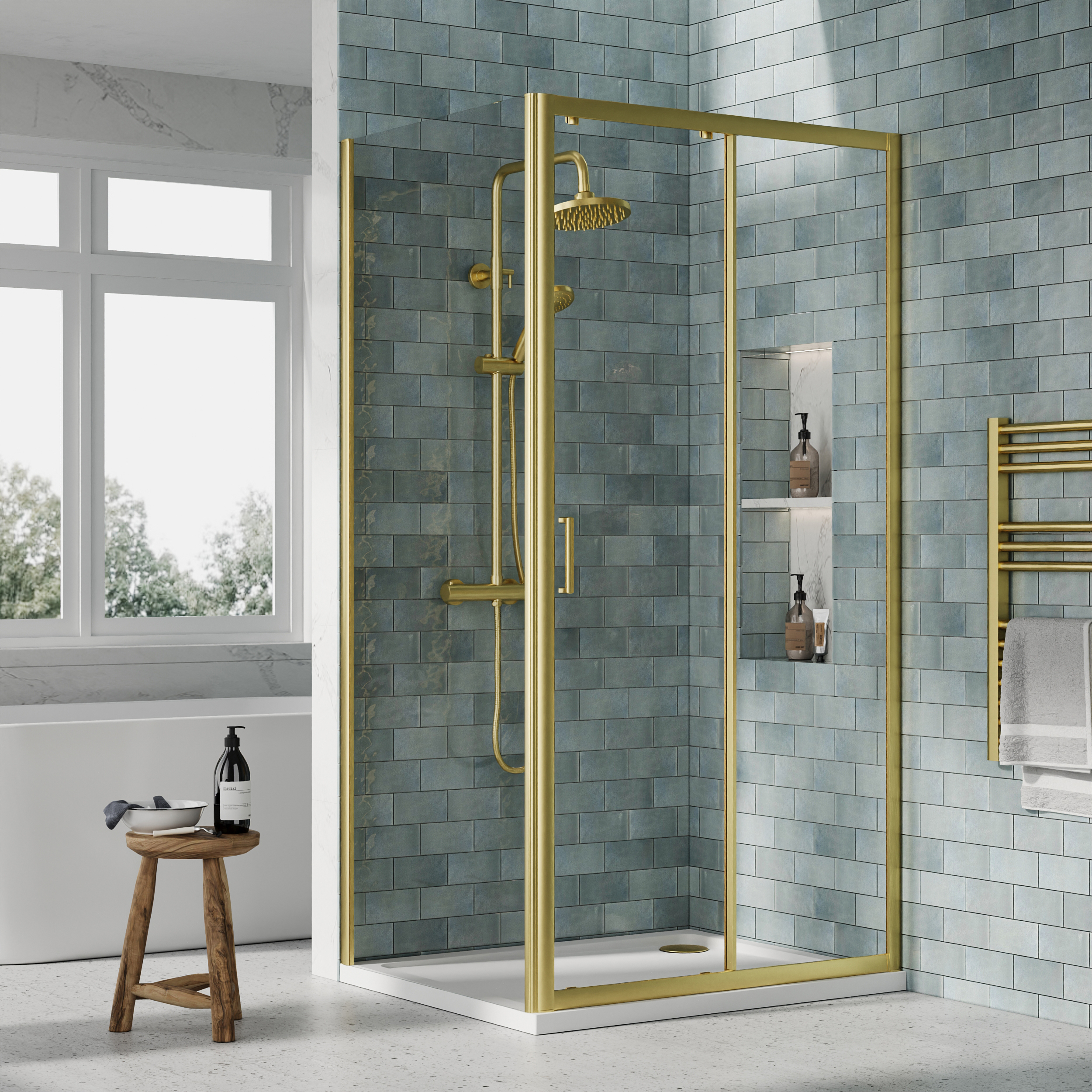 Nuie Brushed Brass Sliding Door Side Panel Tray & Waste Shower Enclosure Package - 1000 x 800mm