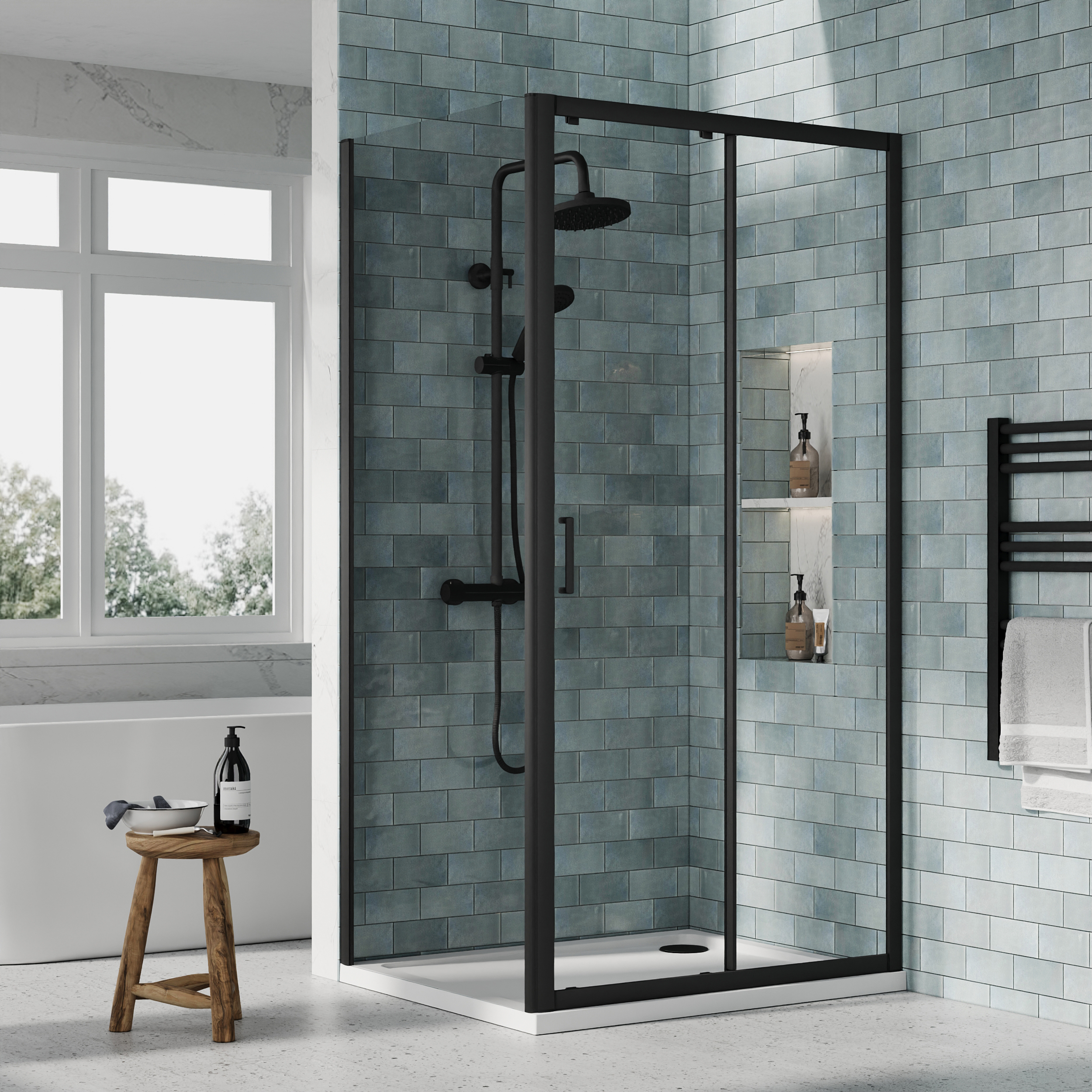 Nuie Matt Black Sliding Door Side Panel Tray & Waste Shower Enclosure Package - 1000 x 800mm