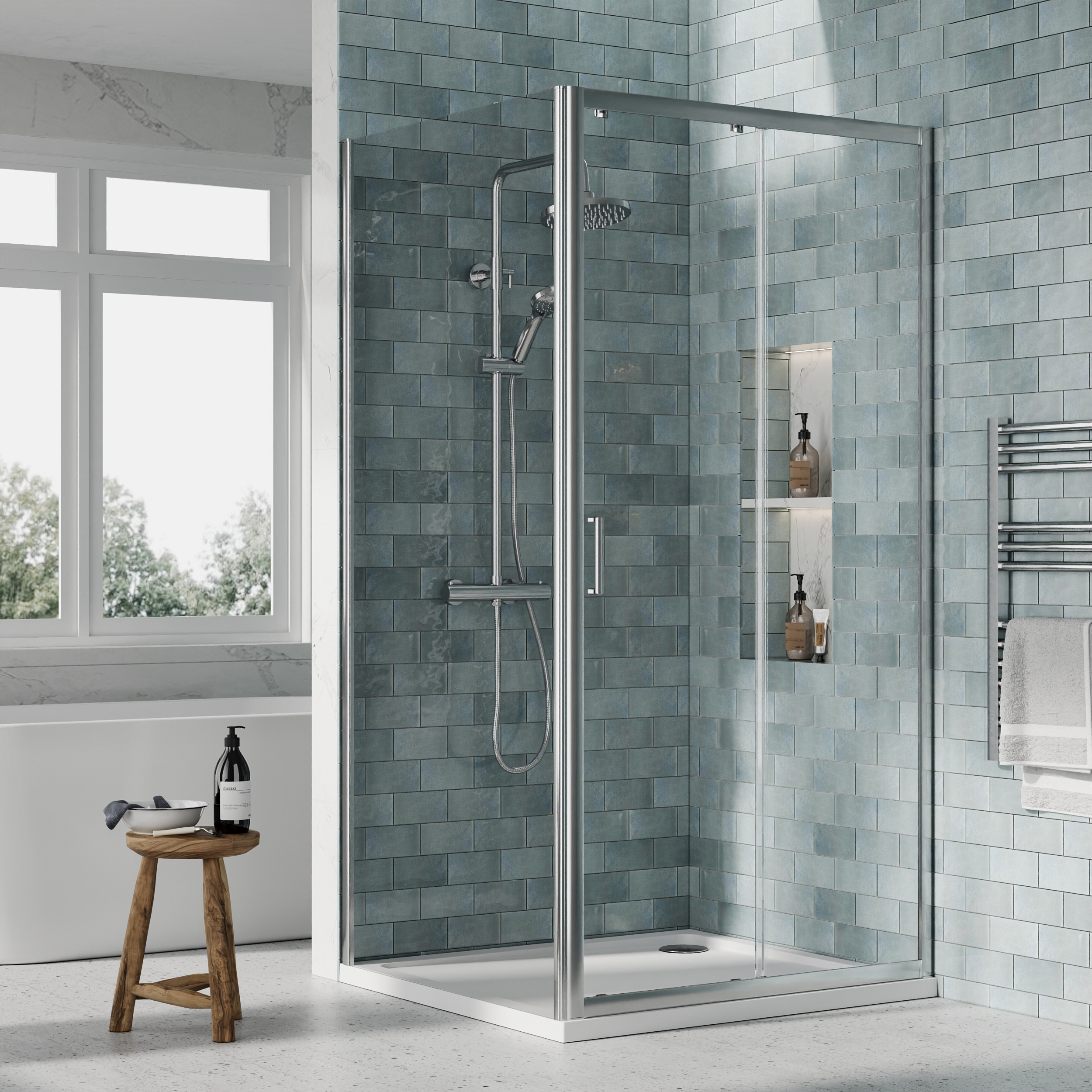 Nuie Chrome Sliding Door Side Panel Tray & Waste Shower Enclosure Package - 1000 x 900mm