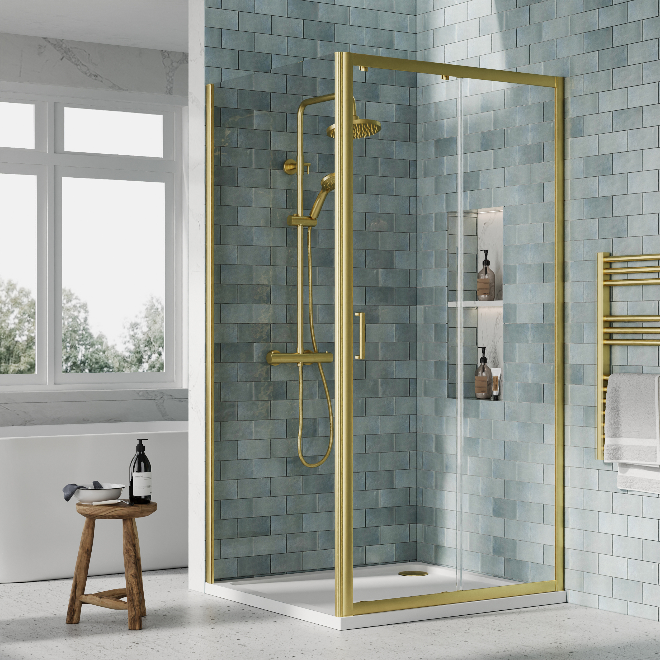 Nuie Brushed Brass Sliding Door Side Panel Tray & Waste Shower Enclosure Package - 1000 x 900mm