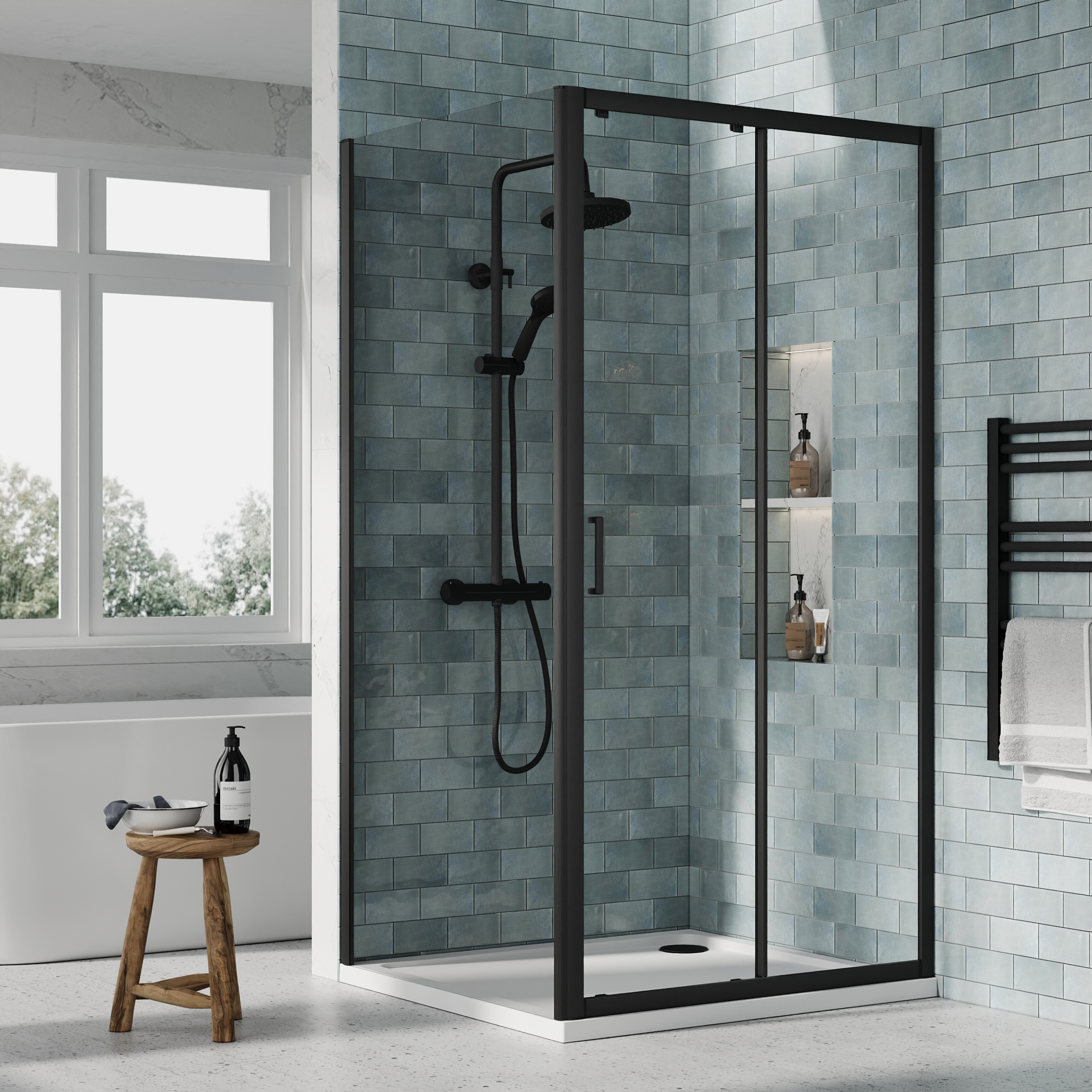 Nuie Matt Black Sliding Door Side Panel Tray & Waste Shower Enclosure Package - 1000 x 900mm