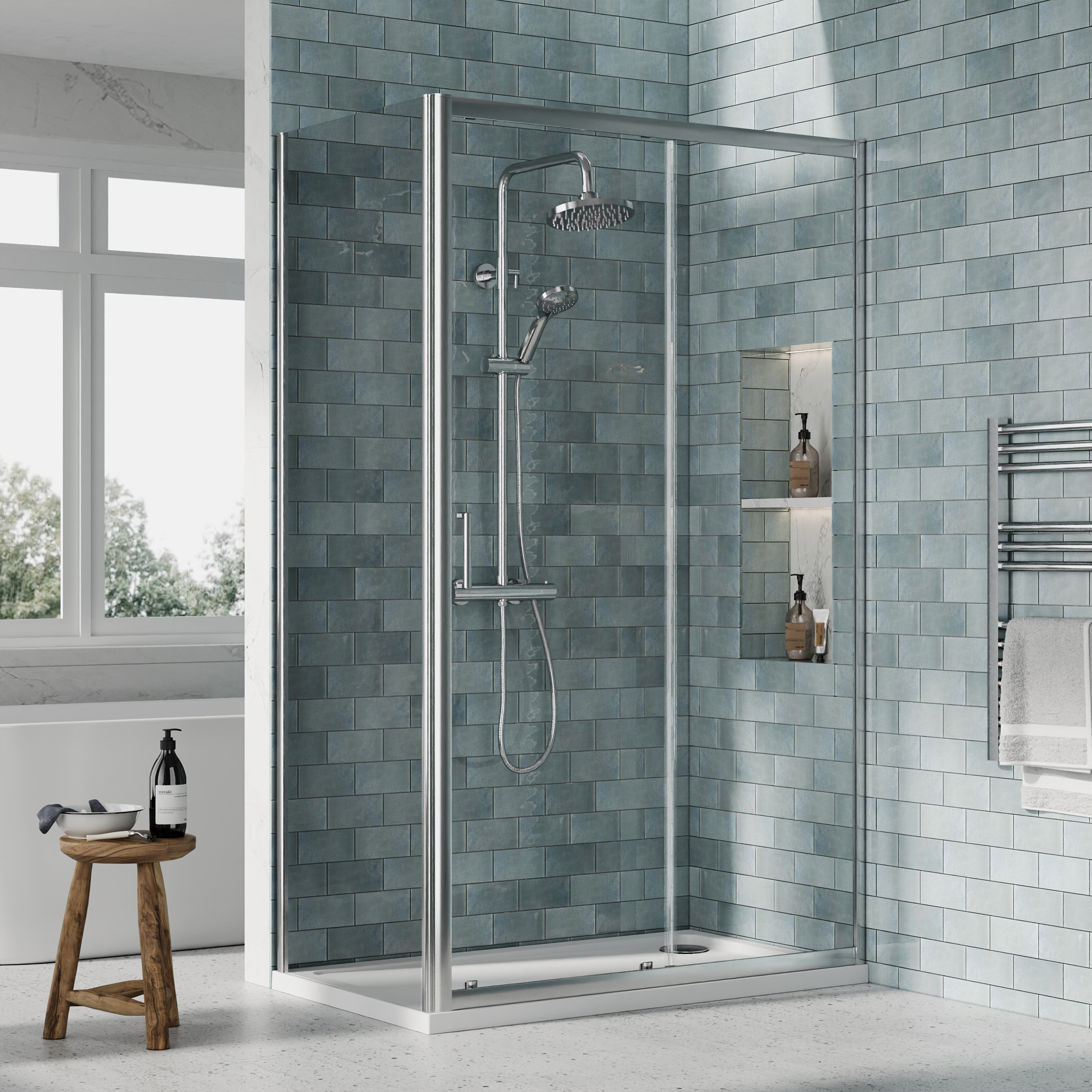 Nuie Chrome Sliding Door Side Panel Tray & Waste Shower Enclosure Package - 1200 x 700mm