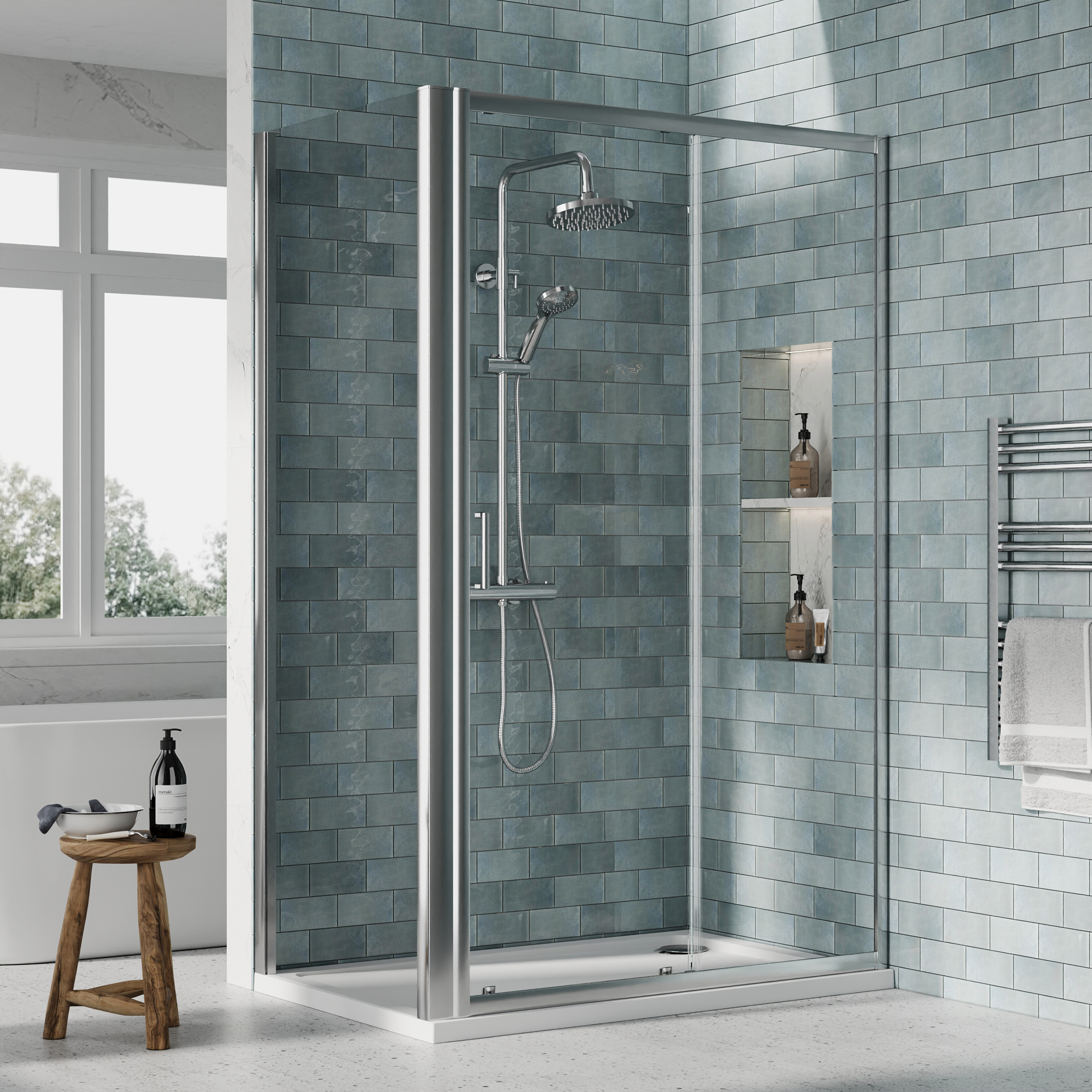 Nuie Chrome Sliding Door Side Panel Tray & Waste Shower Enclosure Package - 1200 x 760mm