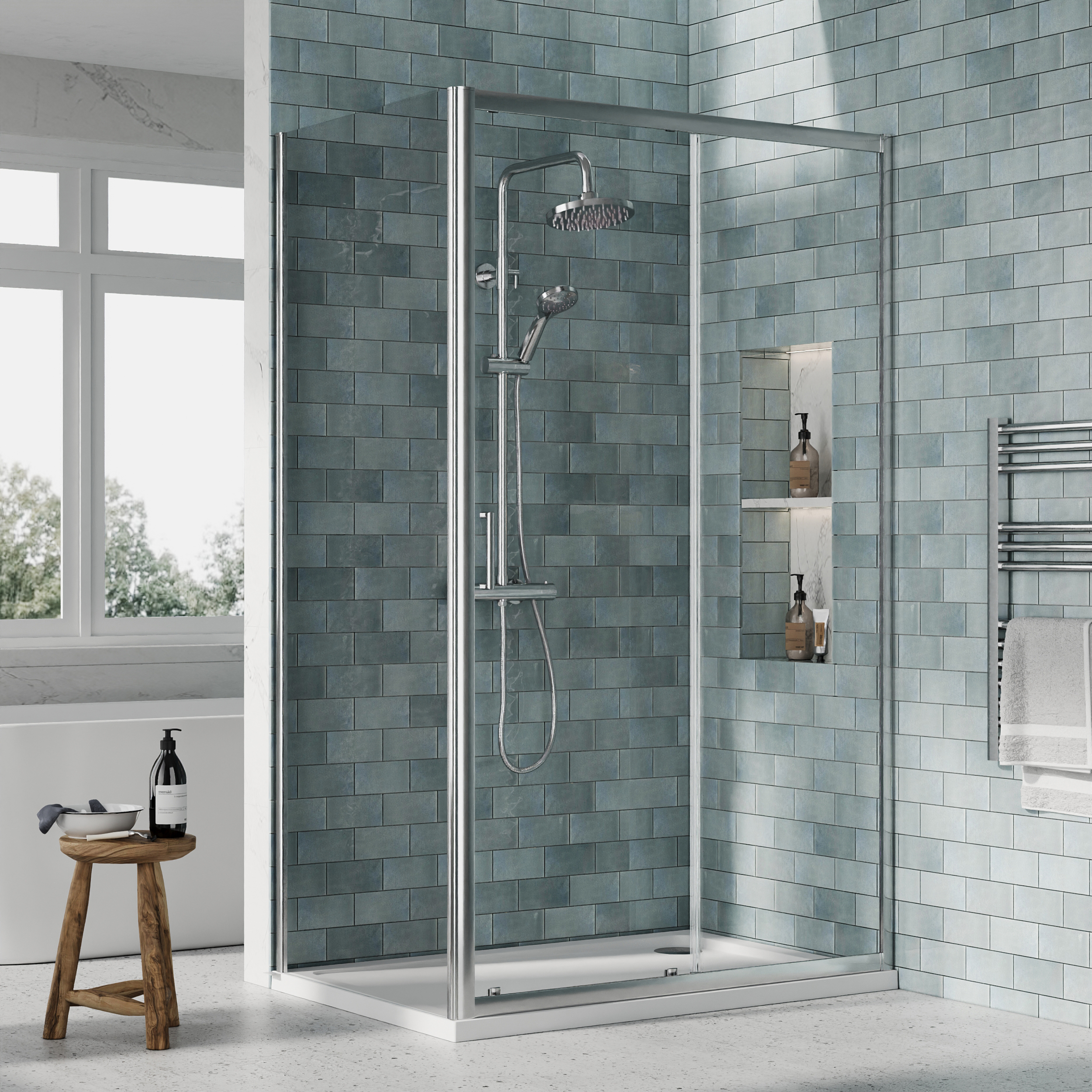 Nuie Chrome Sliding Door Side Panel Tray & Waste Shower Enclosure Package - 1200 x 800mm