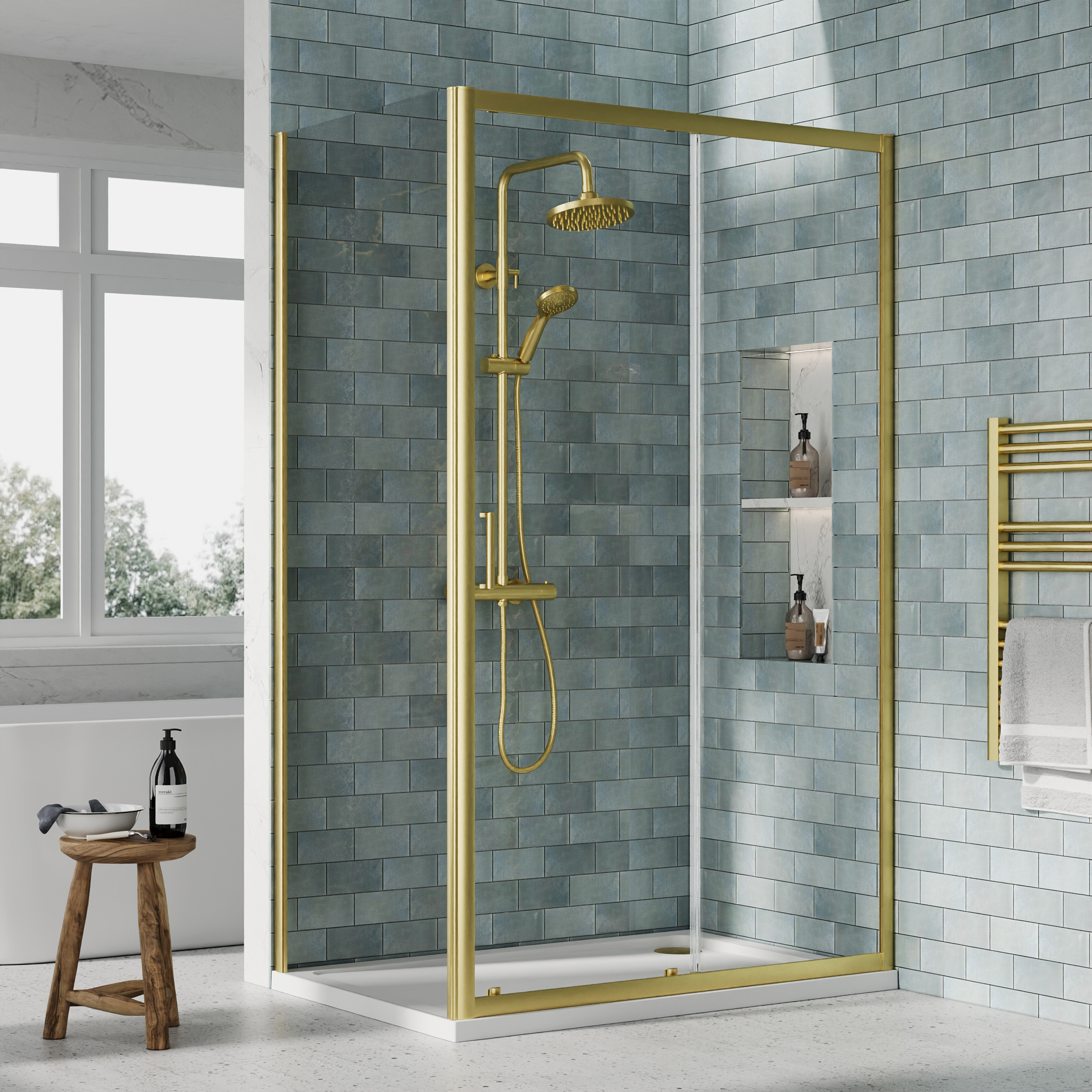 Nuie Brushed Brass Sliding Door Side Panel Tray & Waste Shower Enclosure Package - 1200 x 800mm