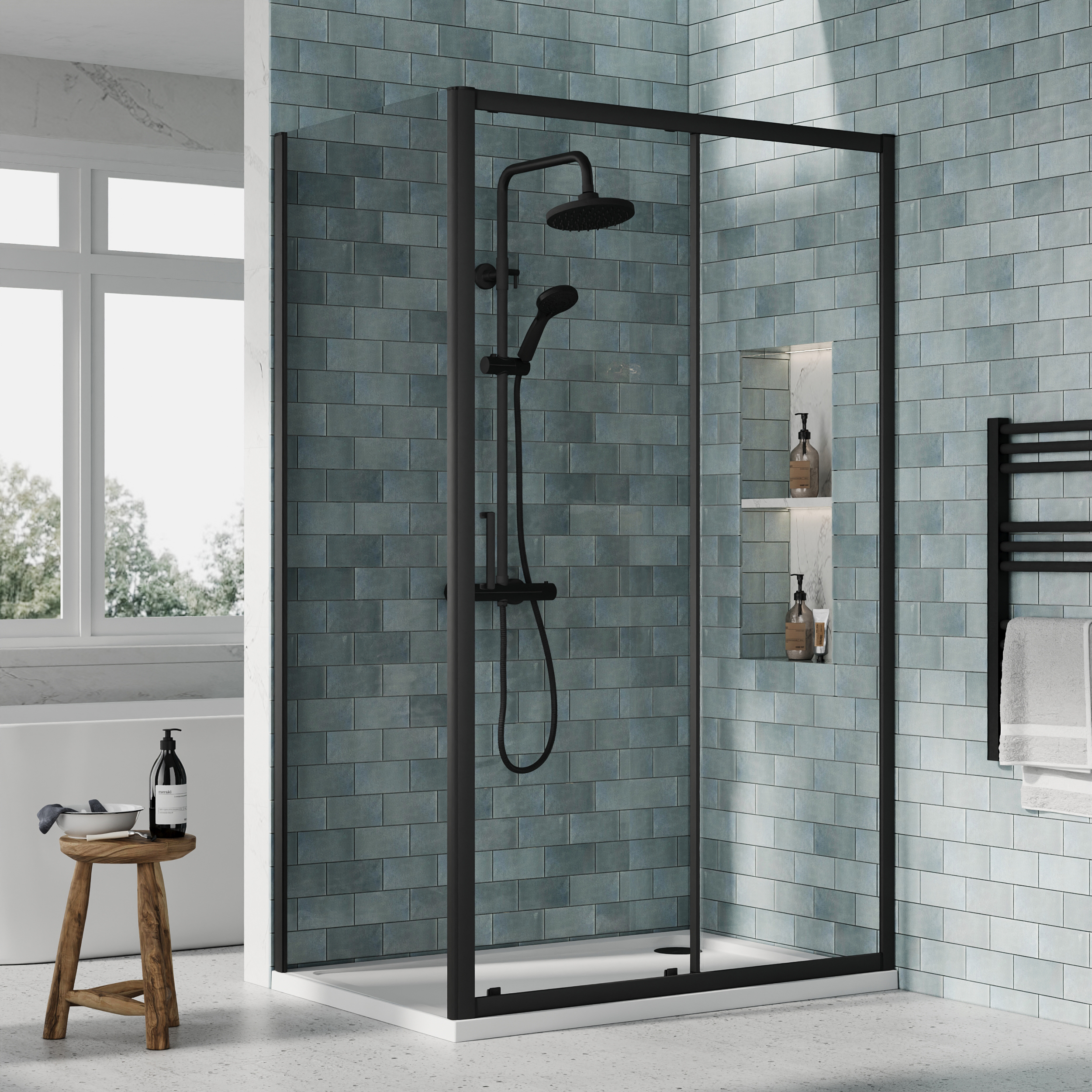 Nuie Matt Black Sliding Door Side Panel Tray & Waste Shower Enclosure Package - 1200 x 800mm