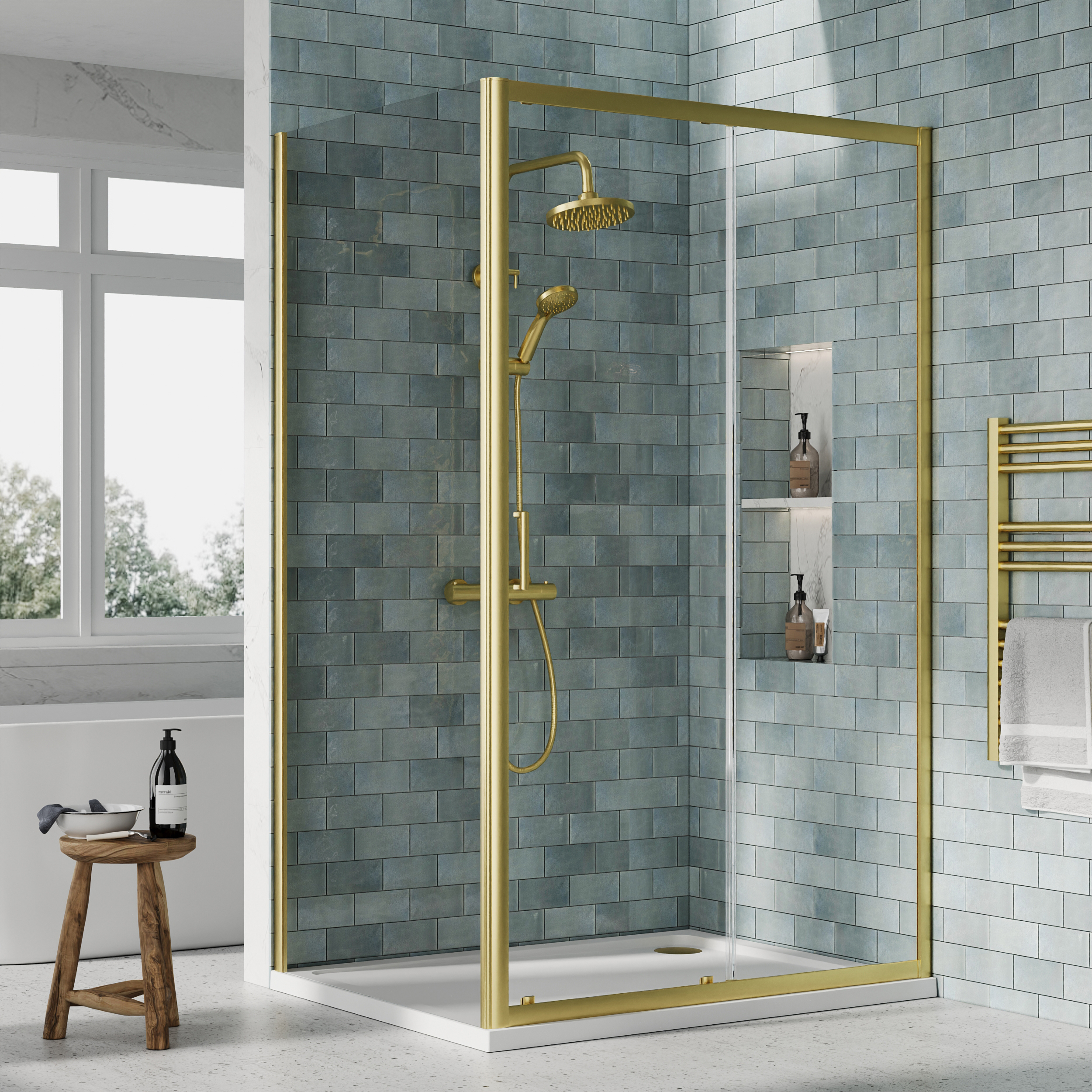 Nuie Brushed Brass Sliding Door Side Panel Tray & Waste Shower Enclosure Package - 1200 x 900mm