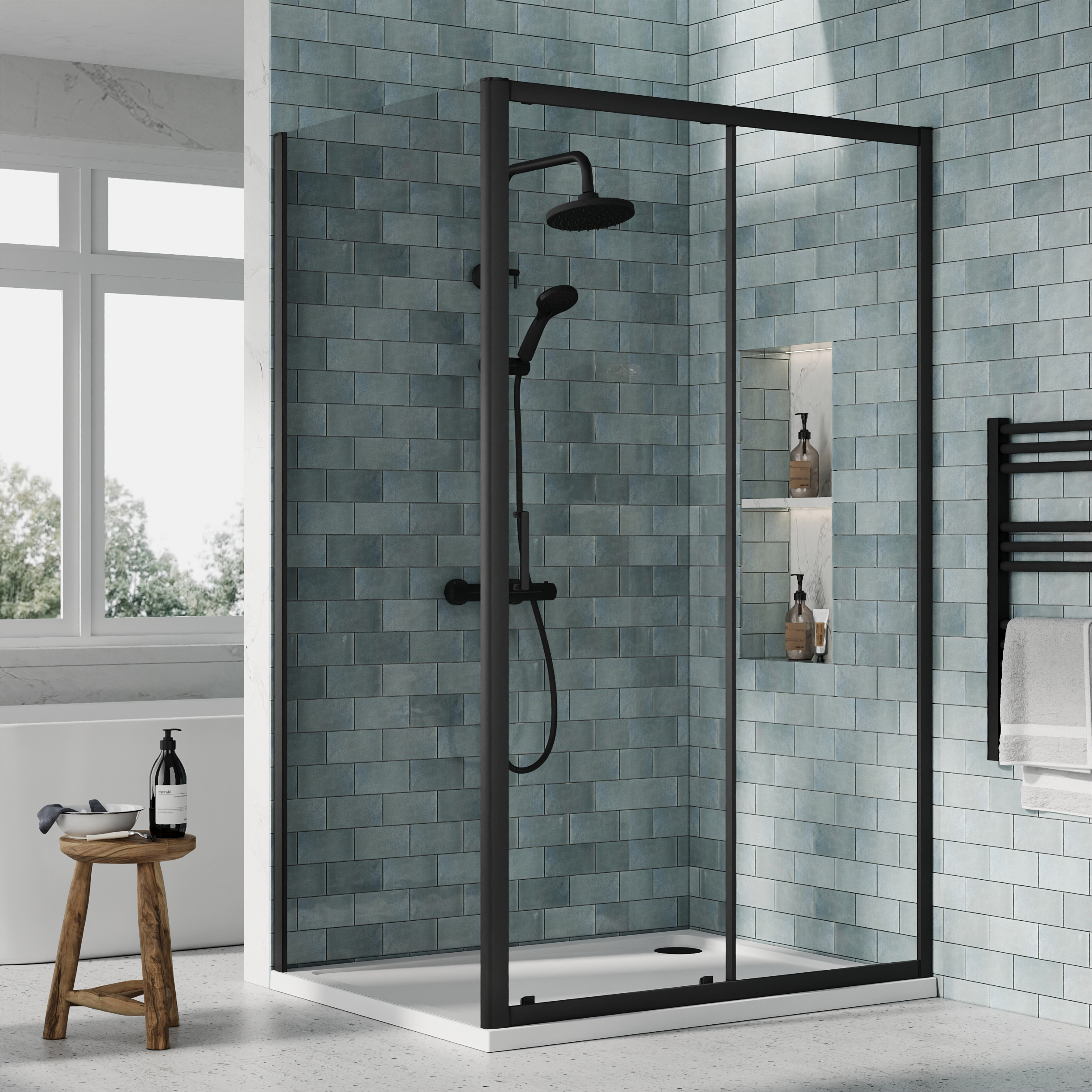 Nuie Matt Black Sliding Door Side Panel Tray & Waste Shower Enclosure Package - 1200 x 900mm