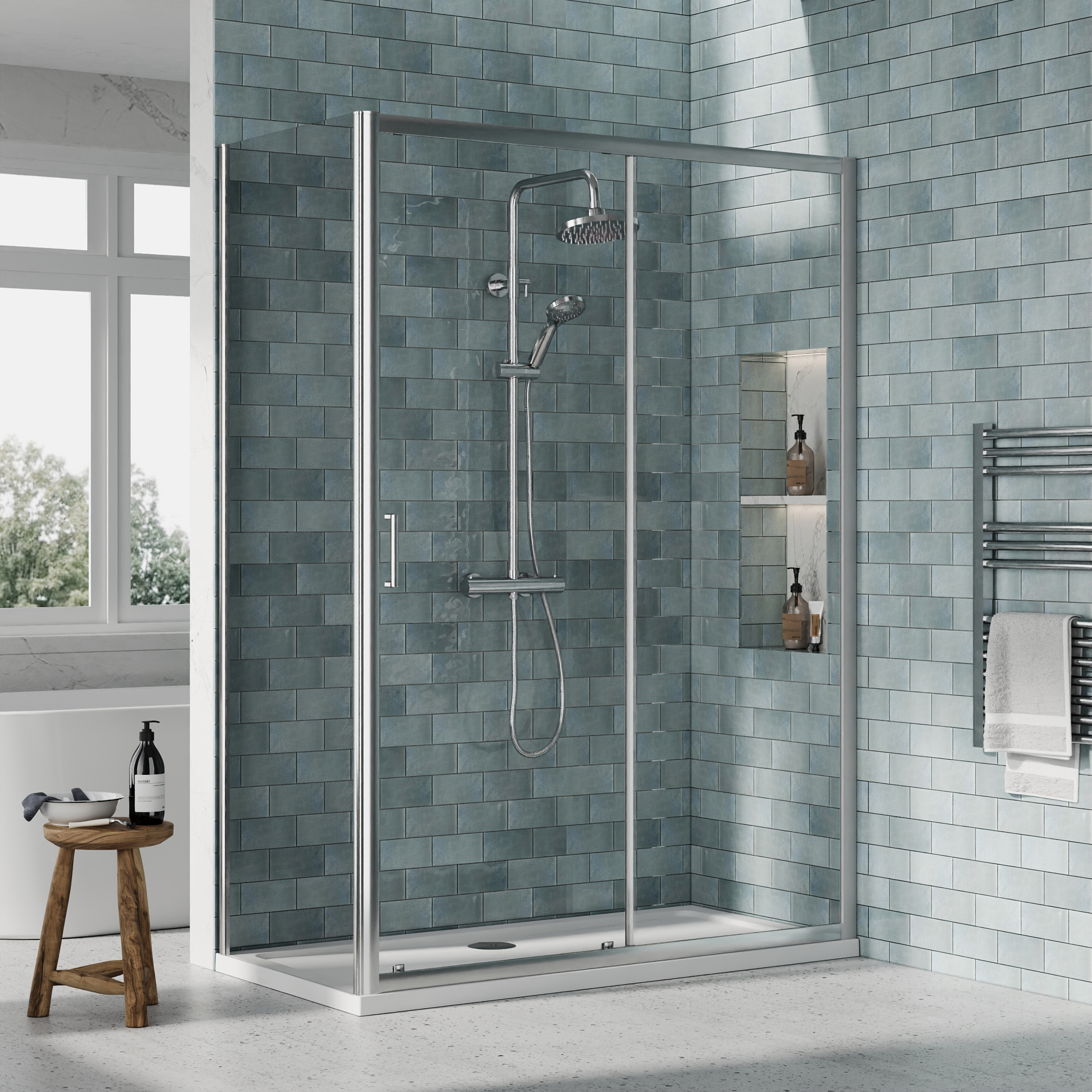 Nuie Chrome Sliding Door Side Panel Tray & Waste Shower Enclosure Package - 1400 x 700mm