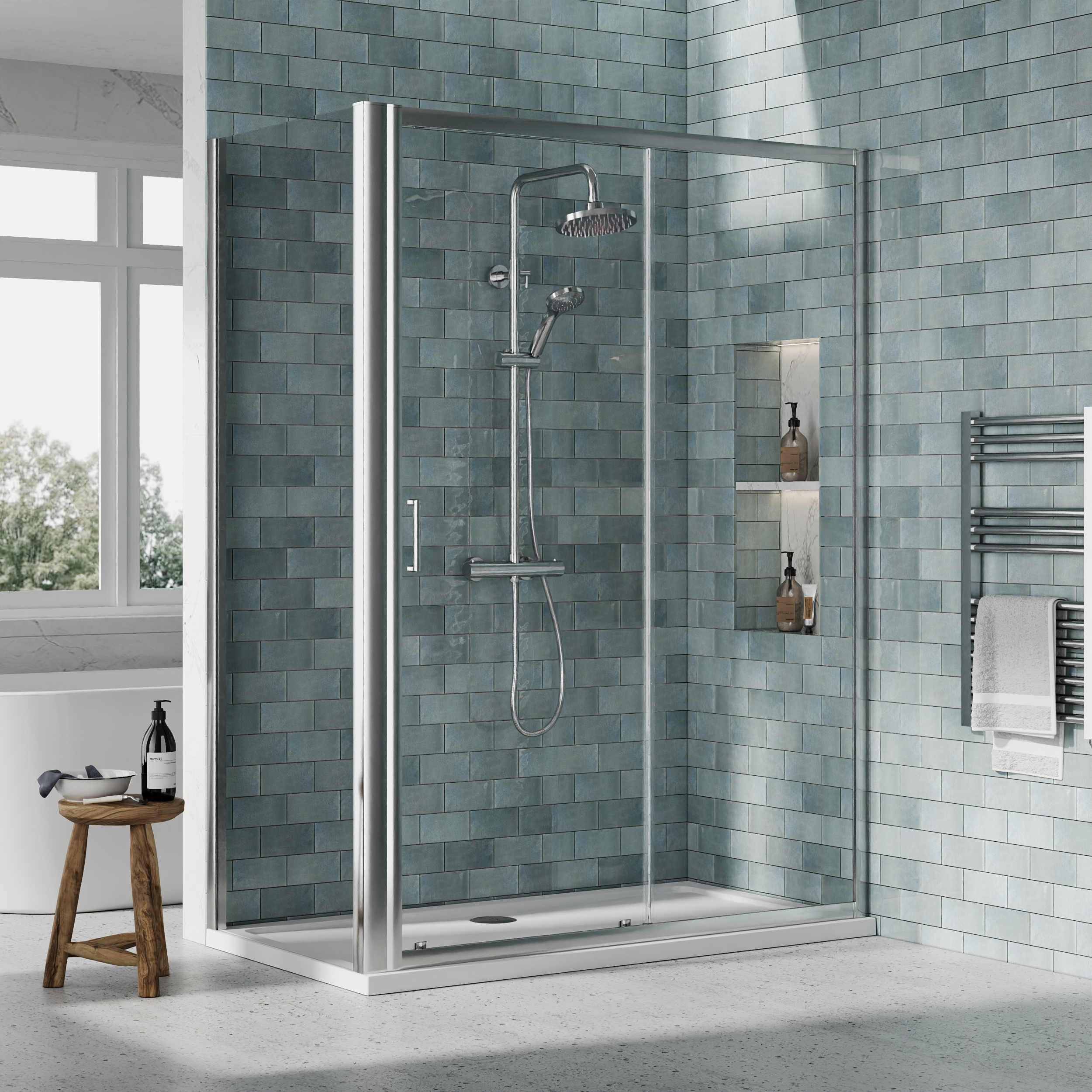 Nuie Chrome Sliding Door Side Panel Tray & Waste Shower Enclosure Package - 1400 x 760mm