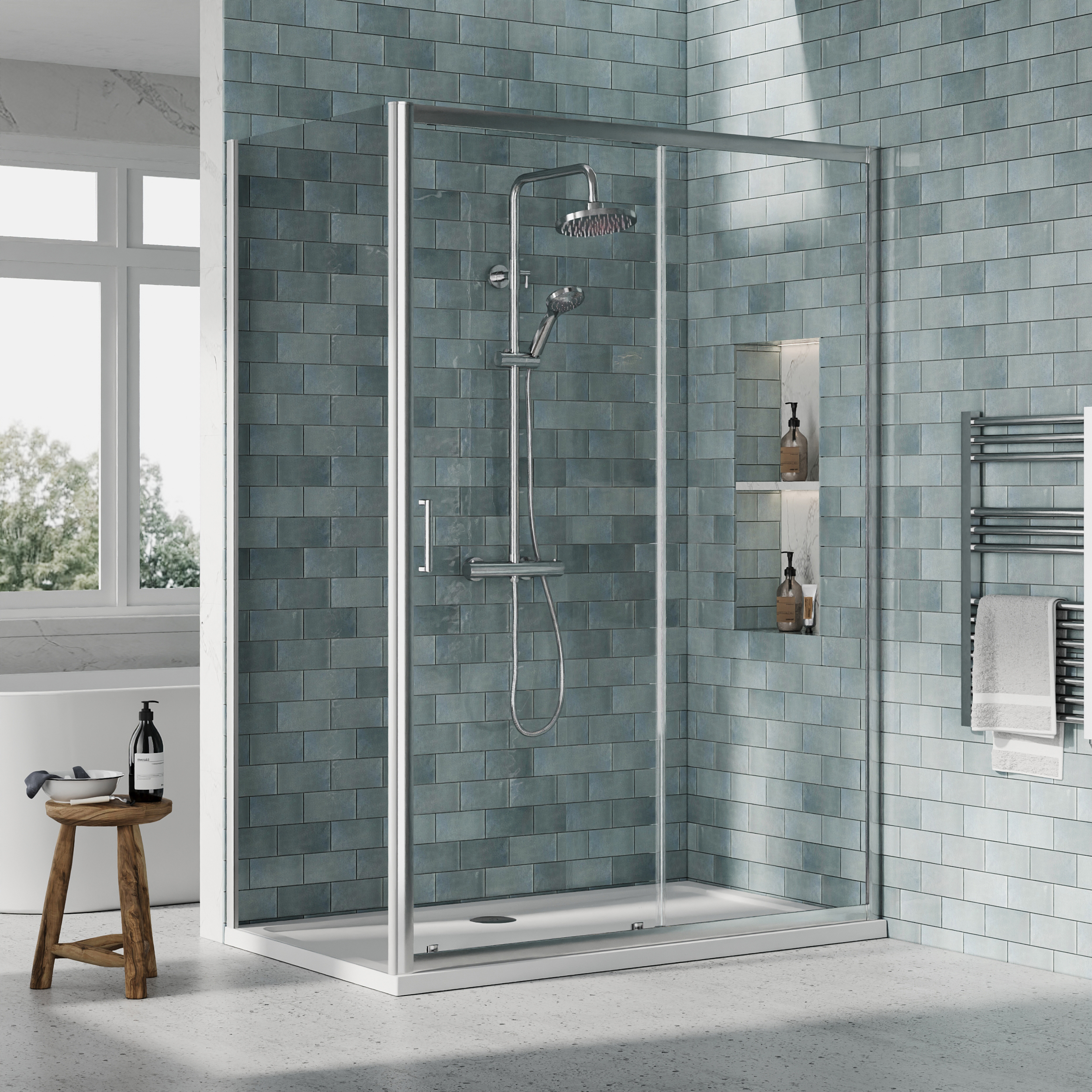 Nuie Chrome Sliding Door Side Panel Tray & Waste Shower Enclosure Package - 1400 x 800mm