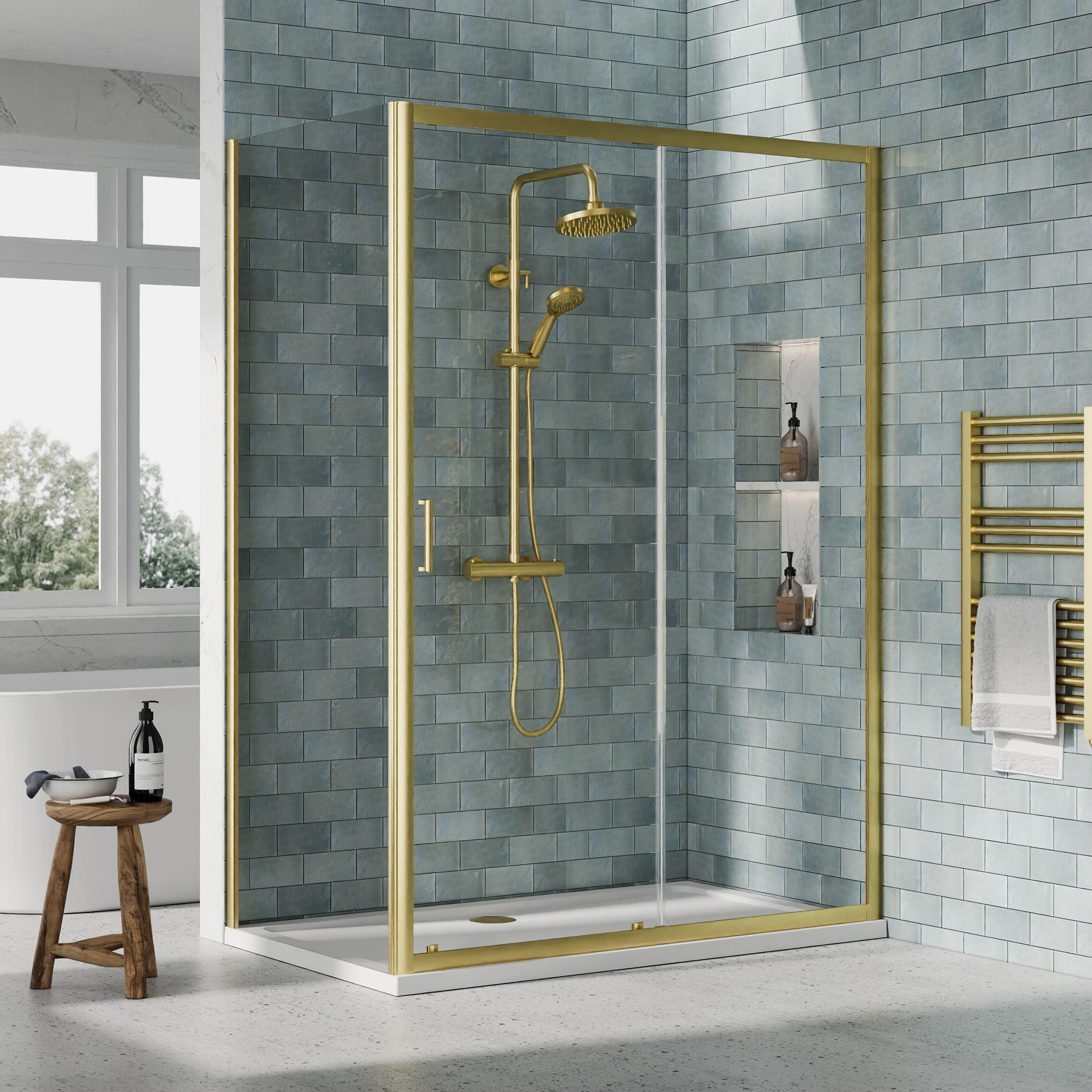 Nuie Brushed Brass Sliding Door Side Panel Tray & Waste Shower Enclosure Package - 1400 x 800mm