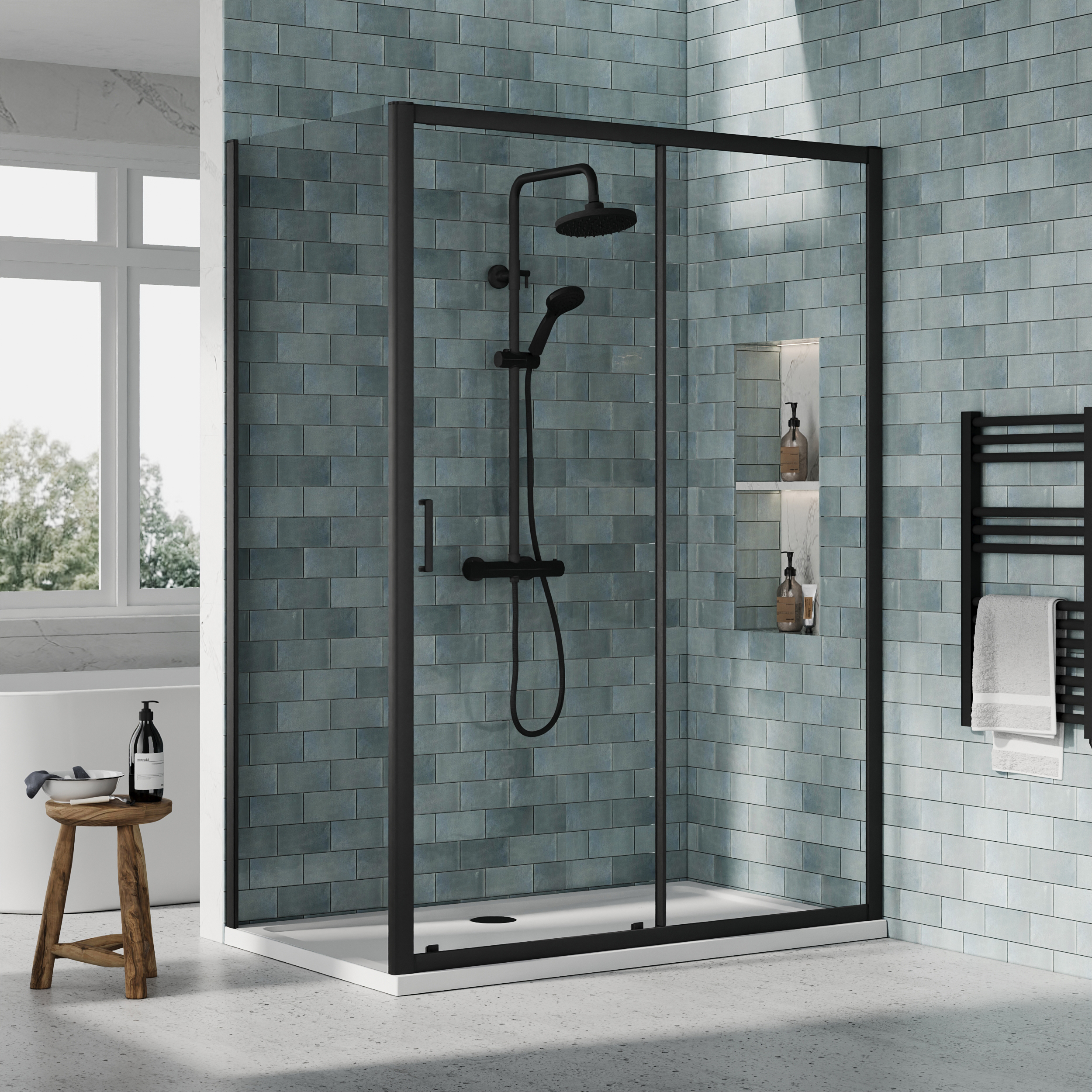 Nuie Matt Black Sliding Door Side Panel Tray & Waste Shower Enclosure Package - 1400 x 800mm