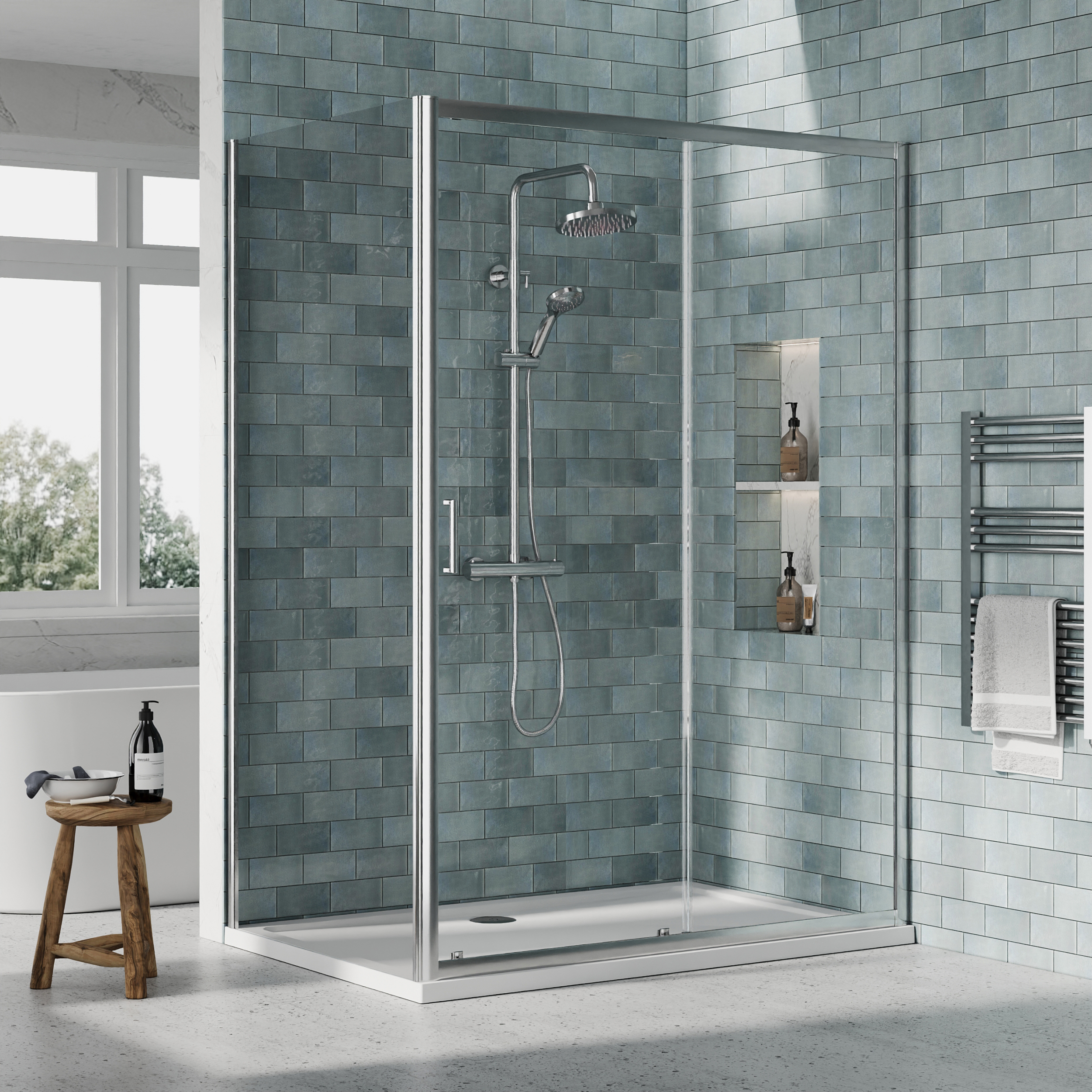 Nuie Chrome Sliding Door Side Panel Tray & Waste Shower Enclosure Package - 1400 x 900mm