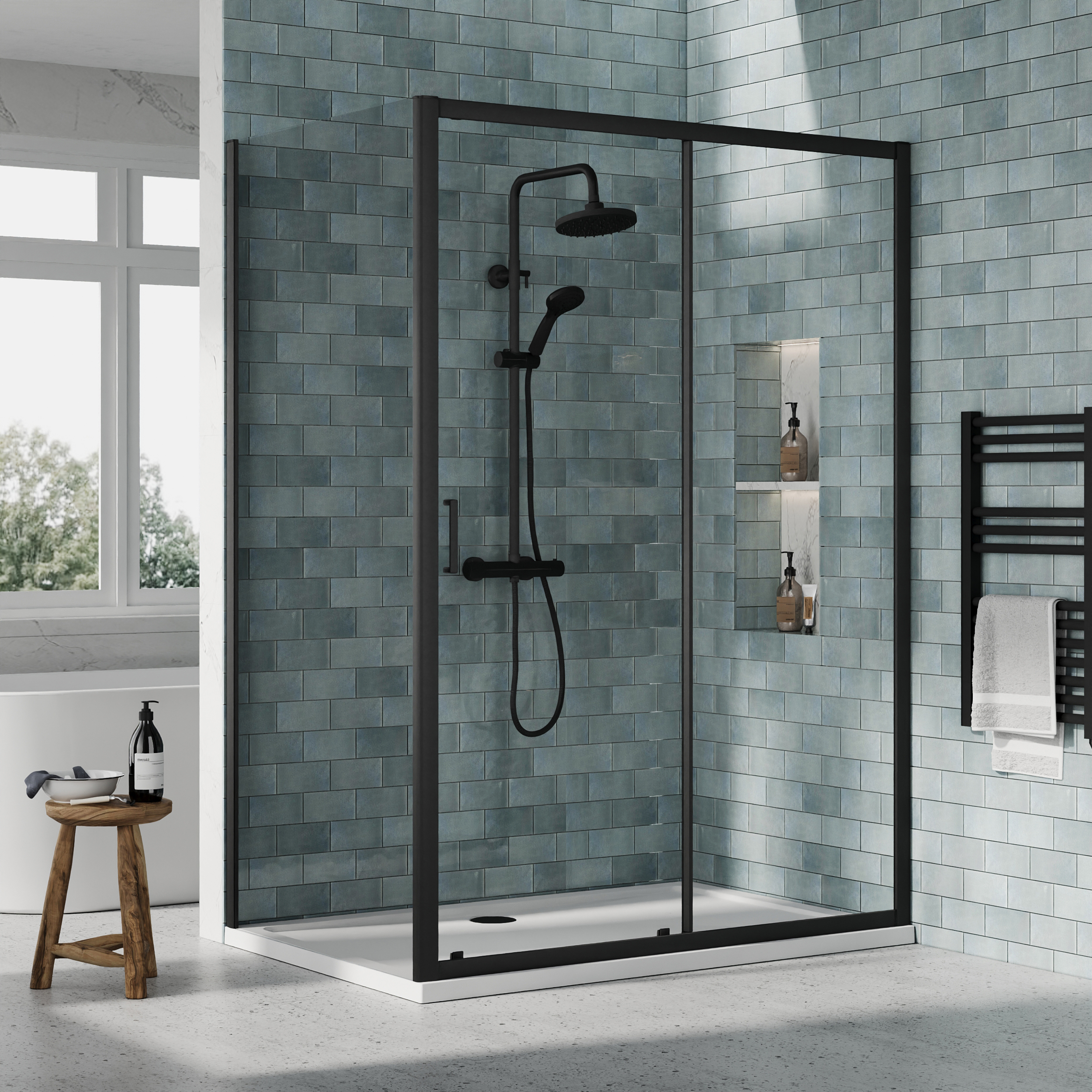 Nuie Matt Black Sliding Door Side Panel Tray & Waste Shower Enclosure Package - 1400 x 900mm