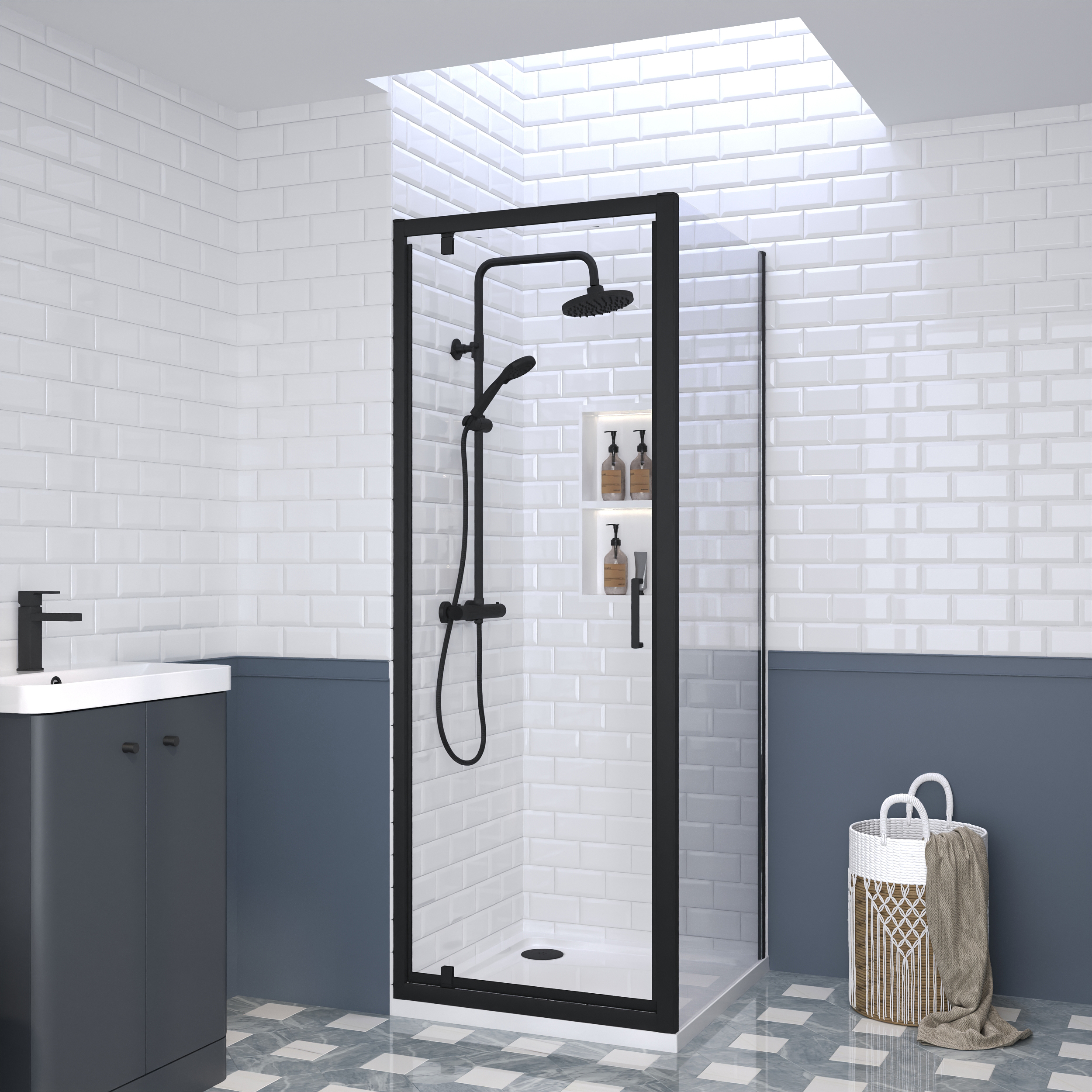 Nuie Matt Black Pivot Door Side Panel Tray & Waste Shower Enclosure Package - 760 x 760mm