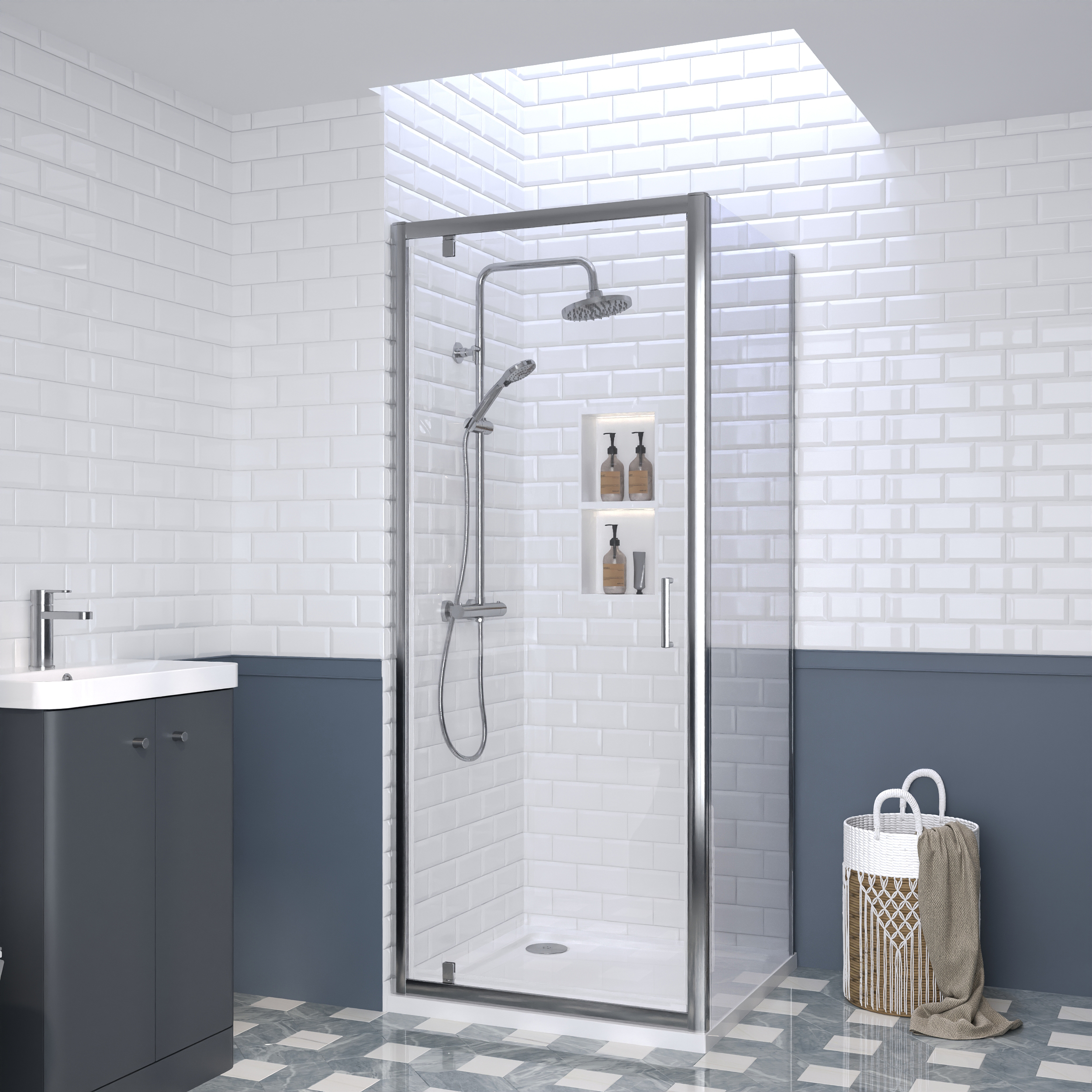 Nuie Chrome Pivot Door Side Panel Tray & Waste Shower Enclosure Package - 800 x 800mm