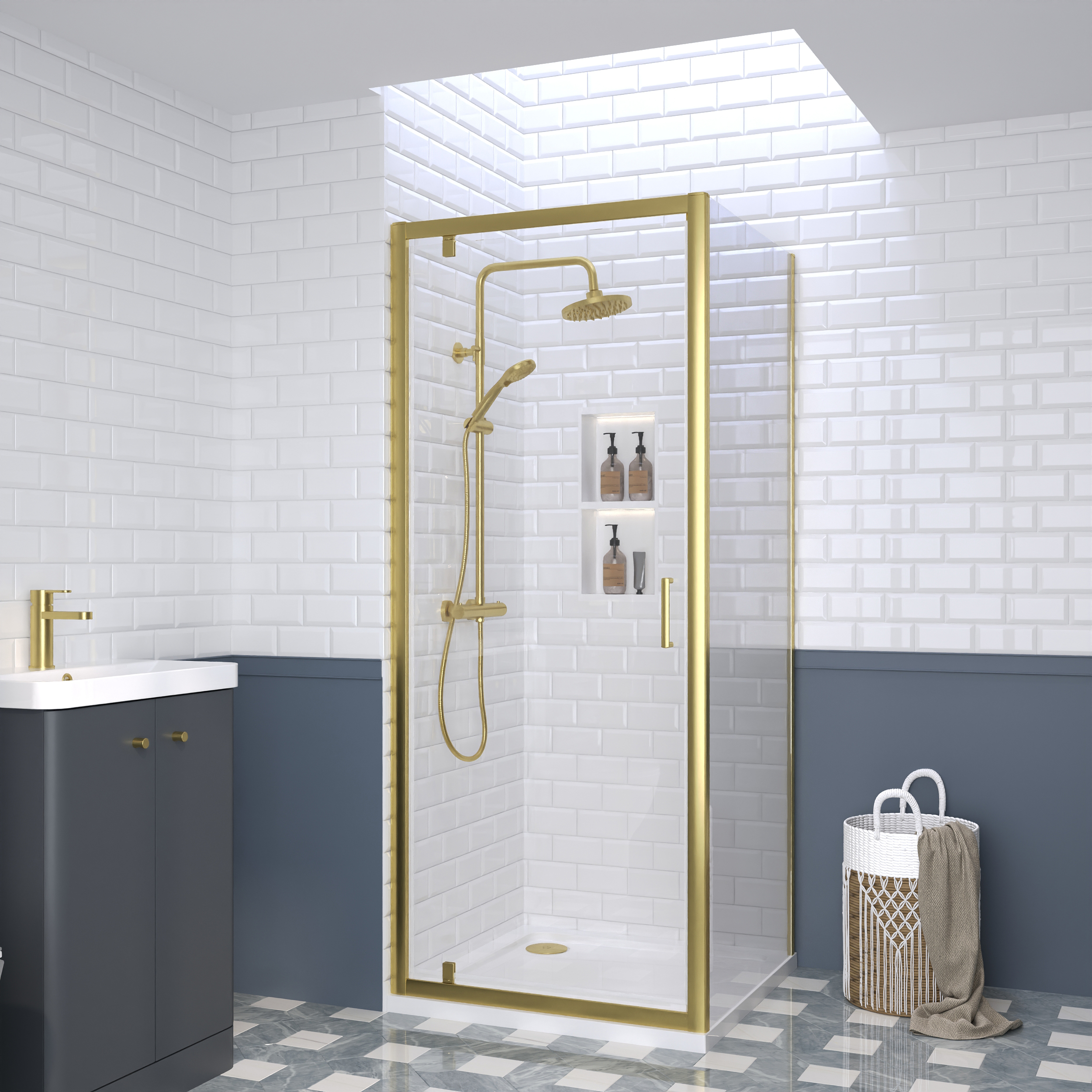 Nuie Brushed Brass Pivot Door Side Panel Tray & Waste Shower Enclosure Package - 800 x 800mm