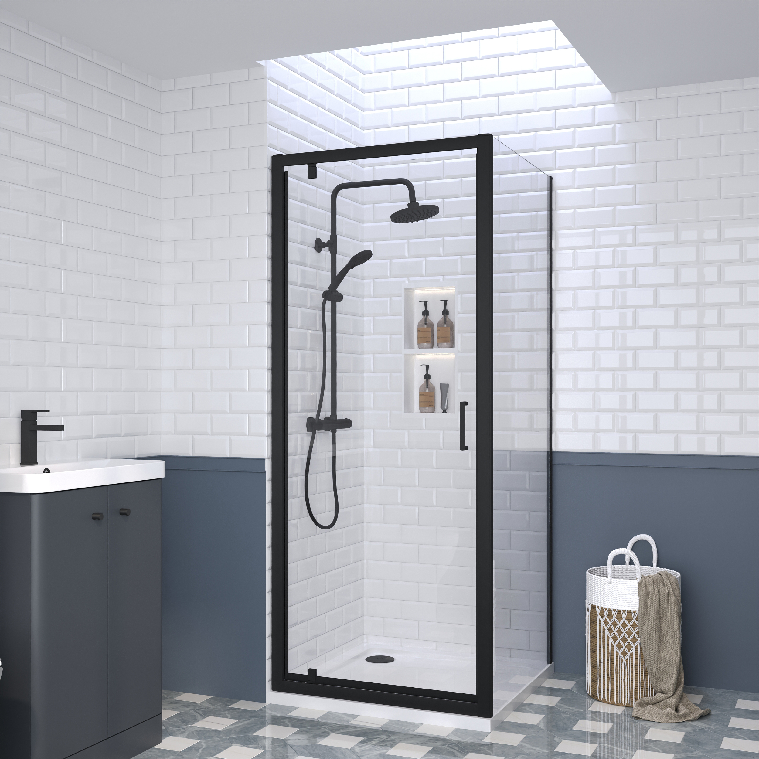 Nuie Matt Black Pivot Door Side Panel Tray & Waste Shower Enclosure Package - 800 x 800mm