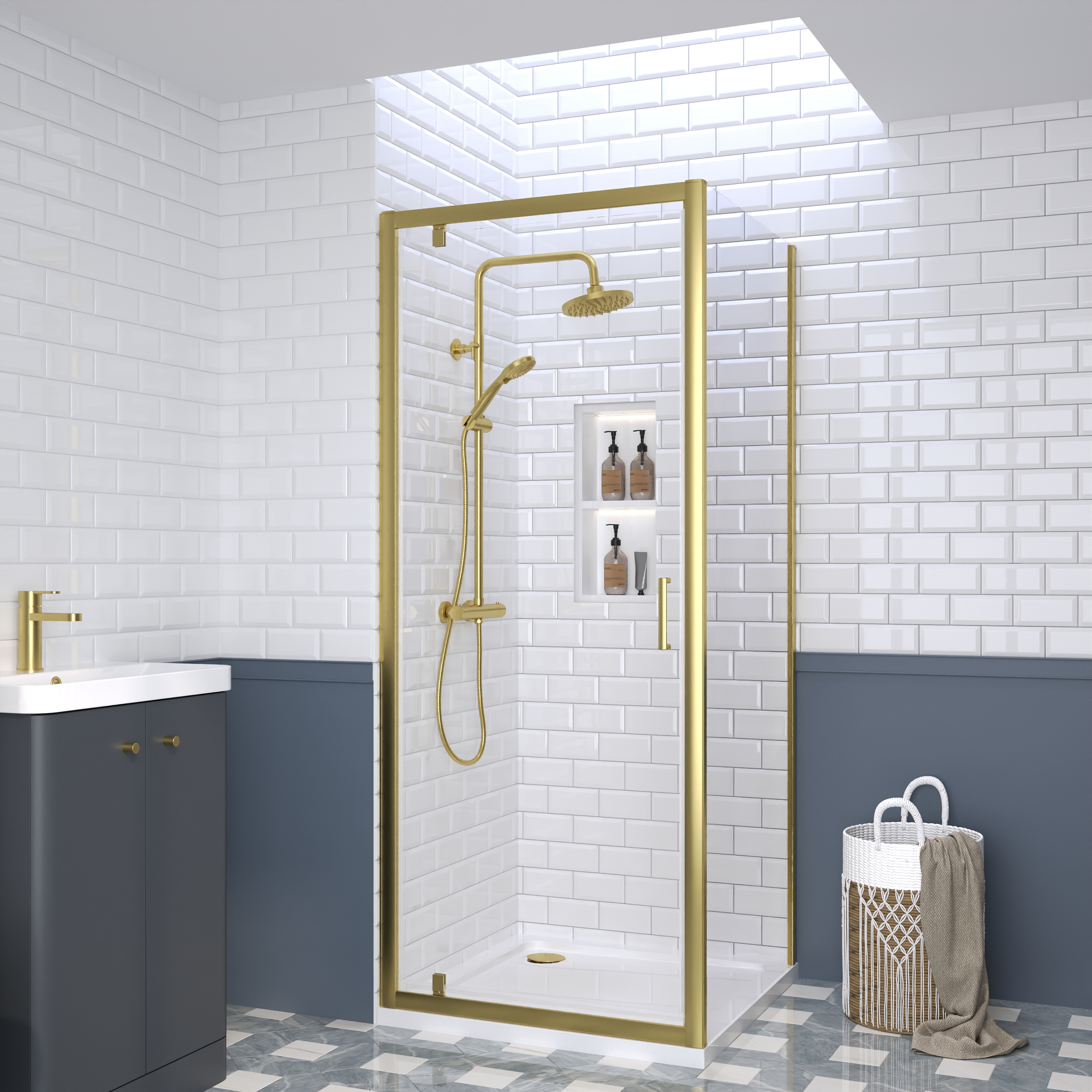 Nuie Brushed Brass Pivot Door Side Panel Tray & Waste Shower Enclosure Package - 900 x 900mm