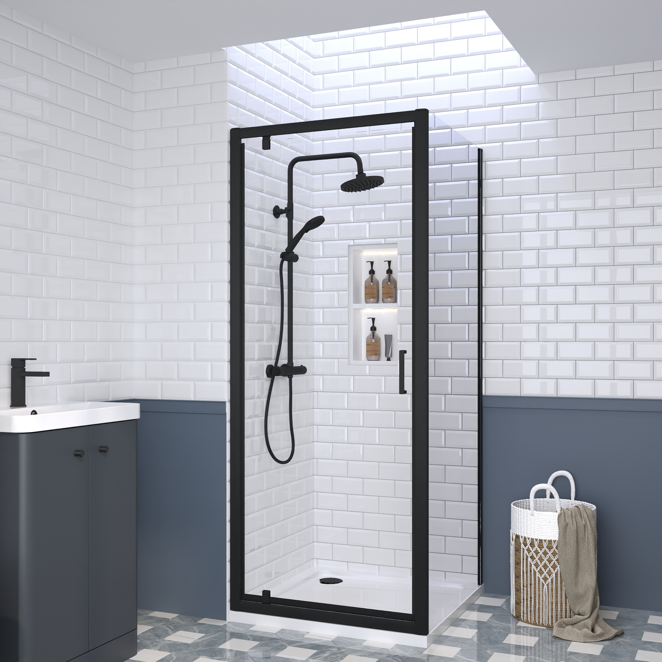 Nuie Matt Black Pivot Door Side Panel Tray & Waste Shower Enclosure Package - 900 x 900mm