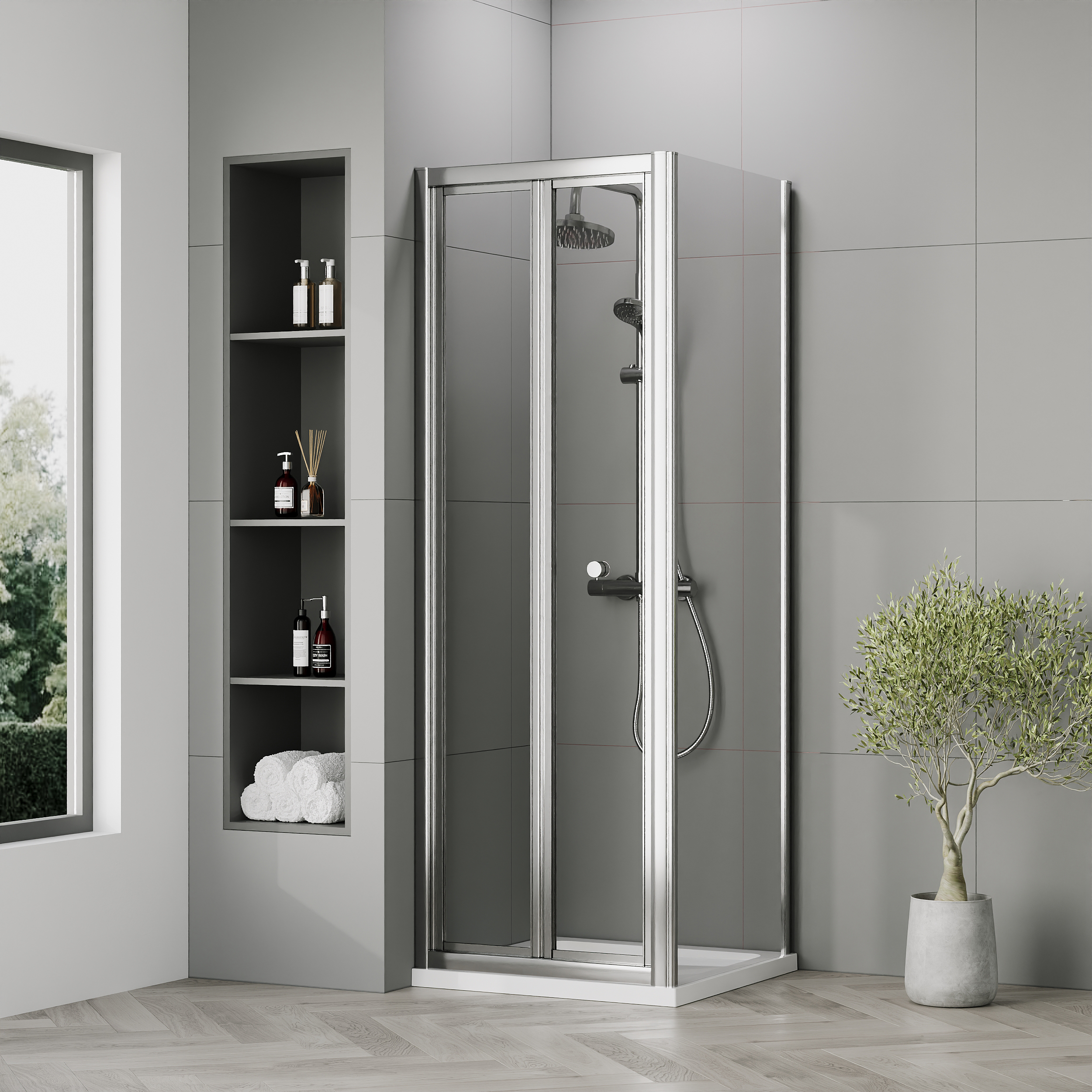 Nuie Chrome Bi-Fold Door Side Panel Tray & Waste Shower Enclosure Package - 700 x 700mm