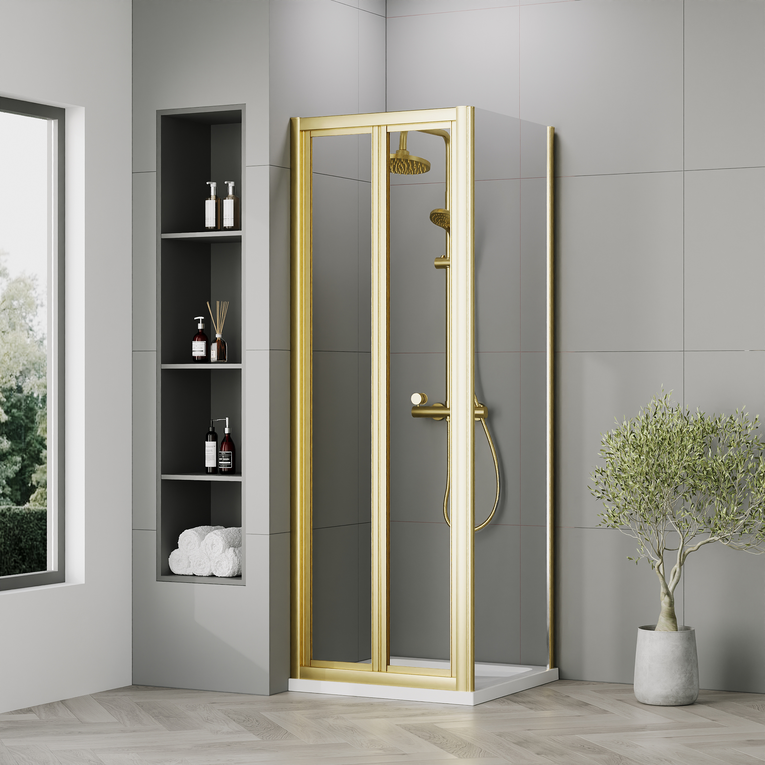 Nuie Brushed Brass Bi-Fold Door Side Panel Tray & Waste Shower Enclosure Package - 700 x 700mm