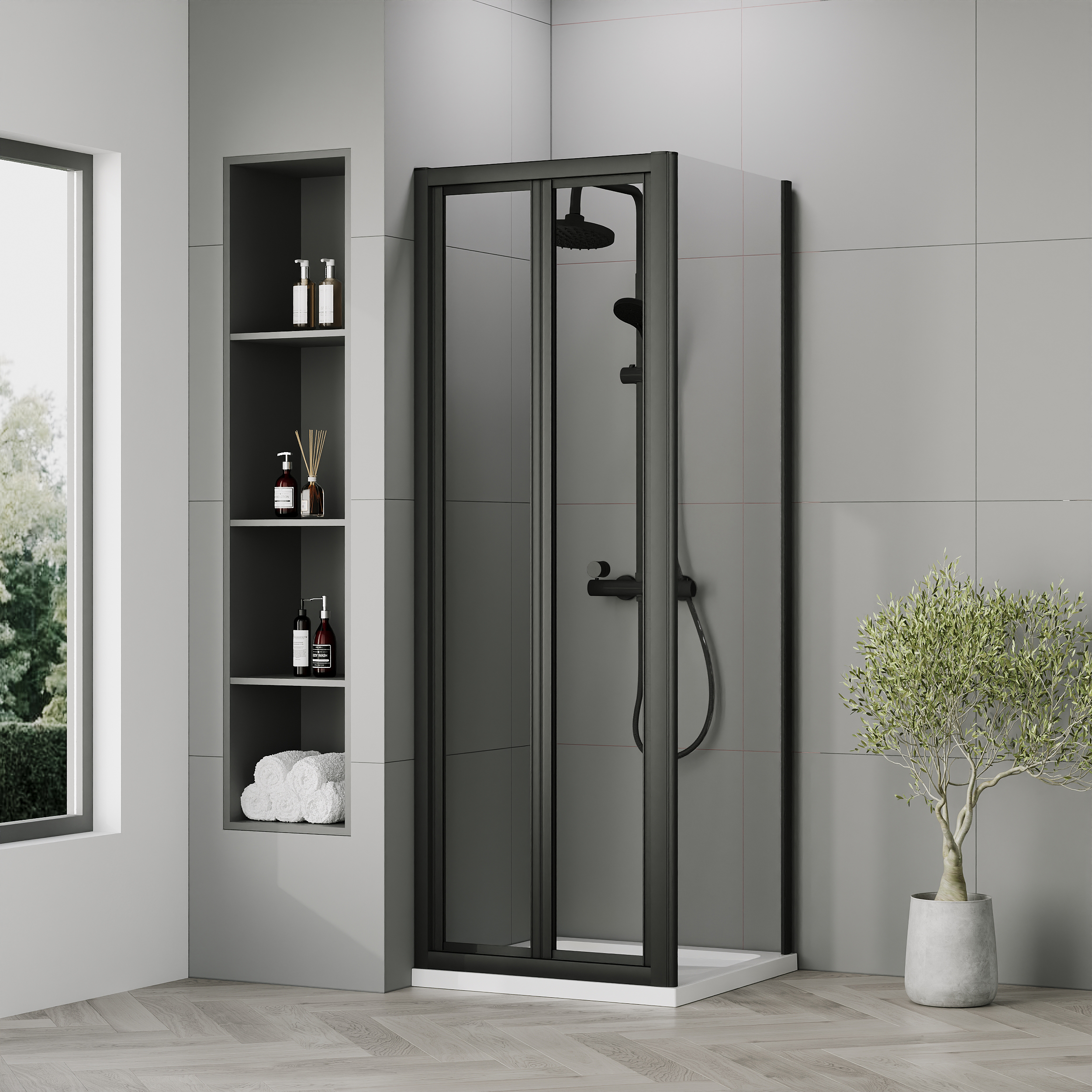 Nuie Matt Black Bi-Fold Door Side Panel Tray & Waste Shower Enclosure Package - 700 x 700mm