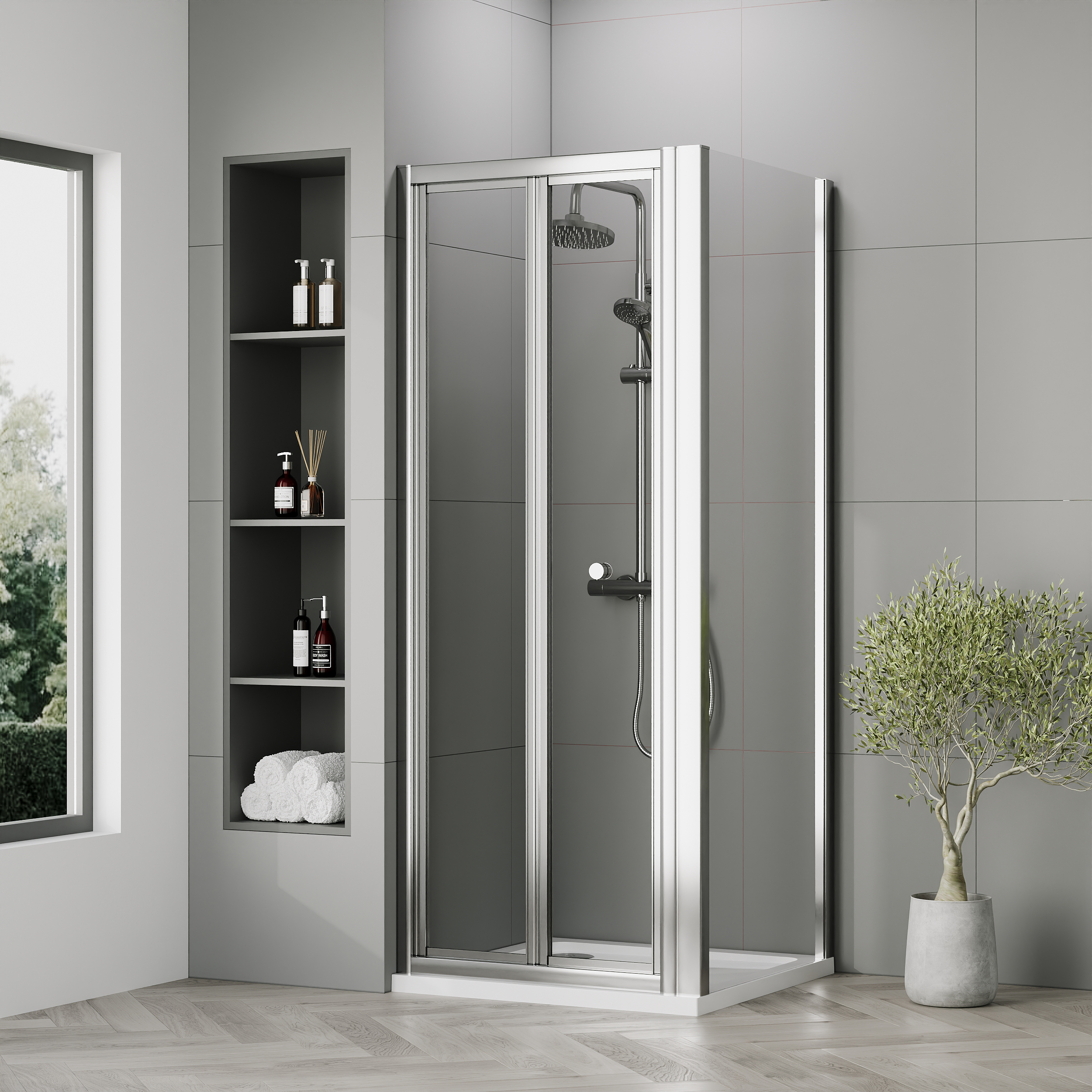 Nuie Chrome Bi-Fold Door Side Panel Tray & Waste Shower Enclosure Package - 760 x 760mm