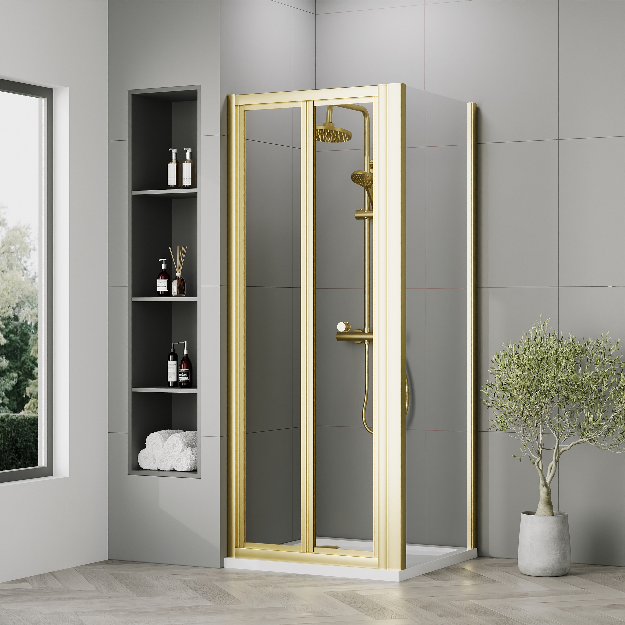 Nuie Brushed Brass Bi-Fold Door Side Panel Tray & Waste Shower Enclosure Package - 760 x 760mm