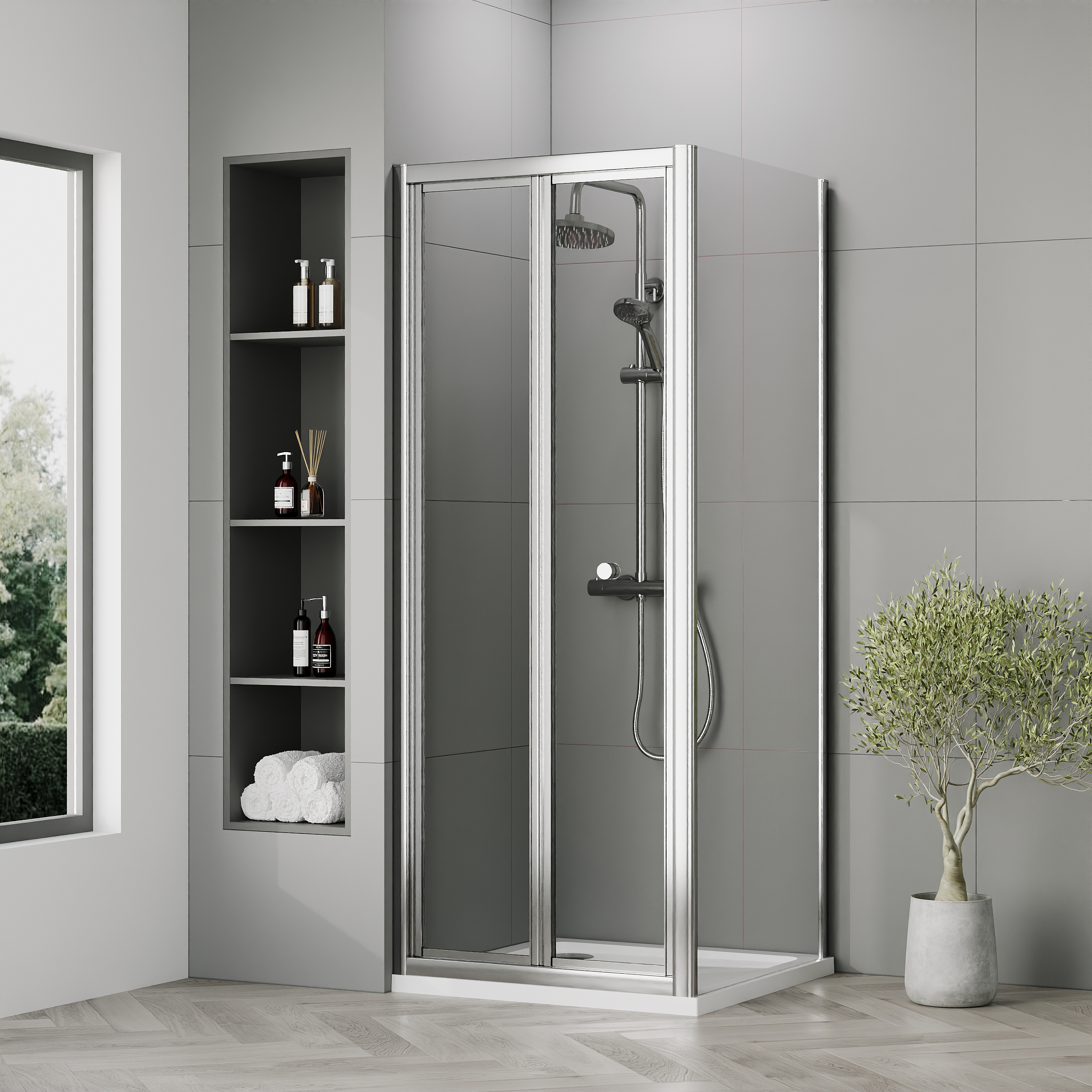 Nuie Chrome Bi-Fold Door Side Panel Tray & Waste Shower Enclosure Package - 800 x 800mm