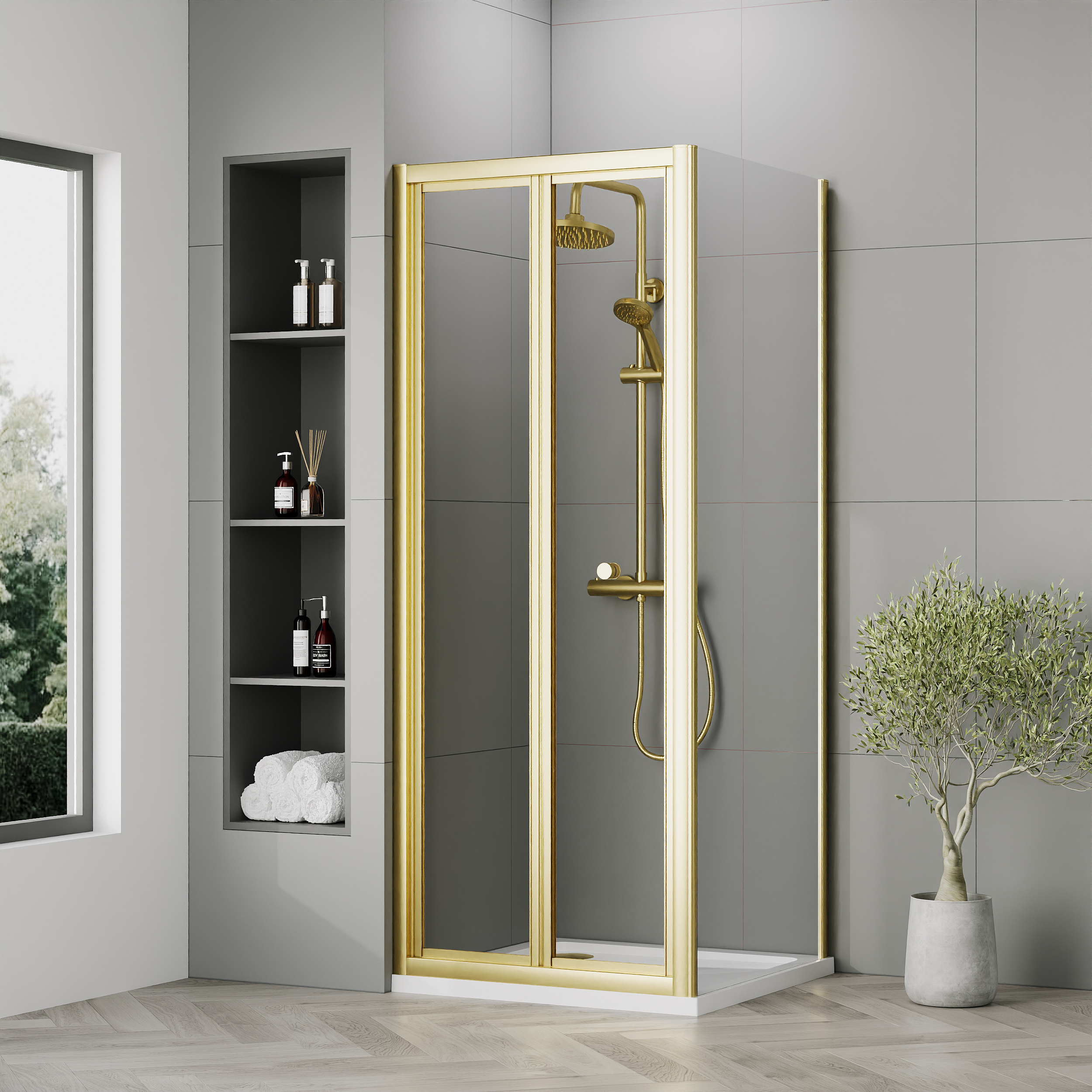 Nuie Brushed Brass Bi-Fold Door Side Panel Tray & Waste Shower Enclosure Package - 800 x 800mm